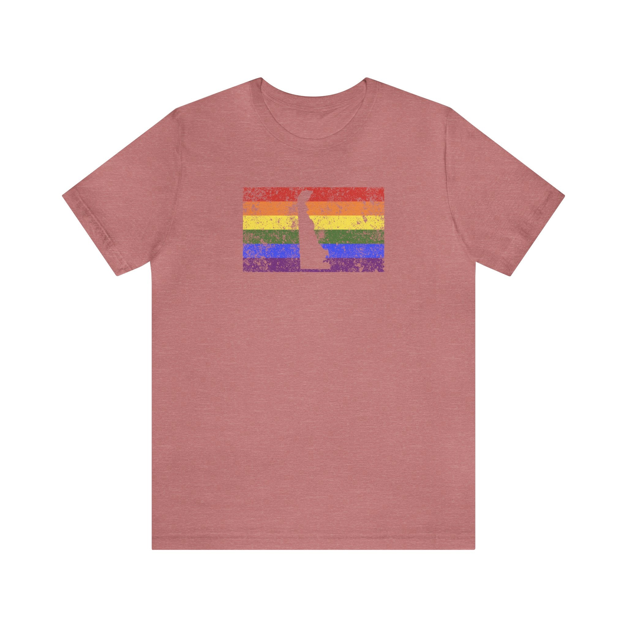 Delaware Pride Flag Tee: Rainbow LGBTQ+ State Silhouette Distressed Shirt