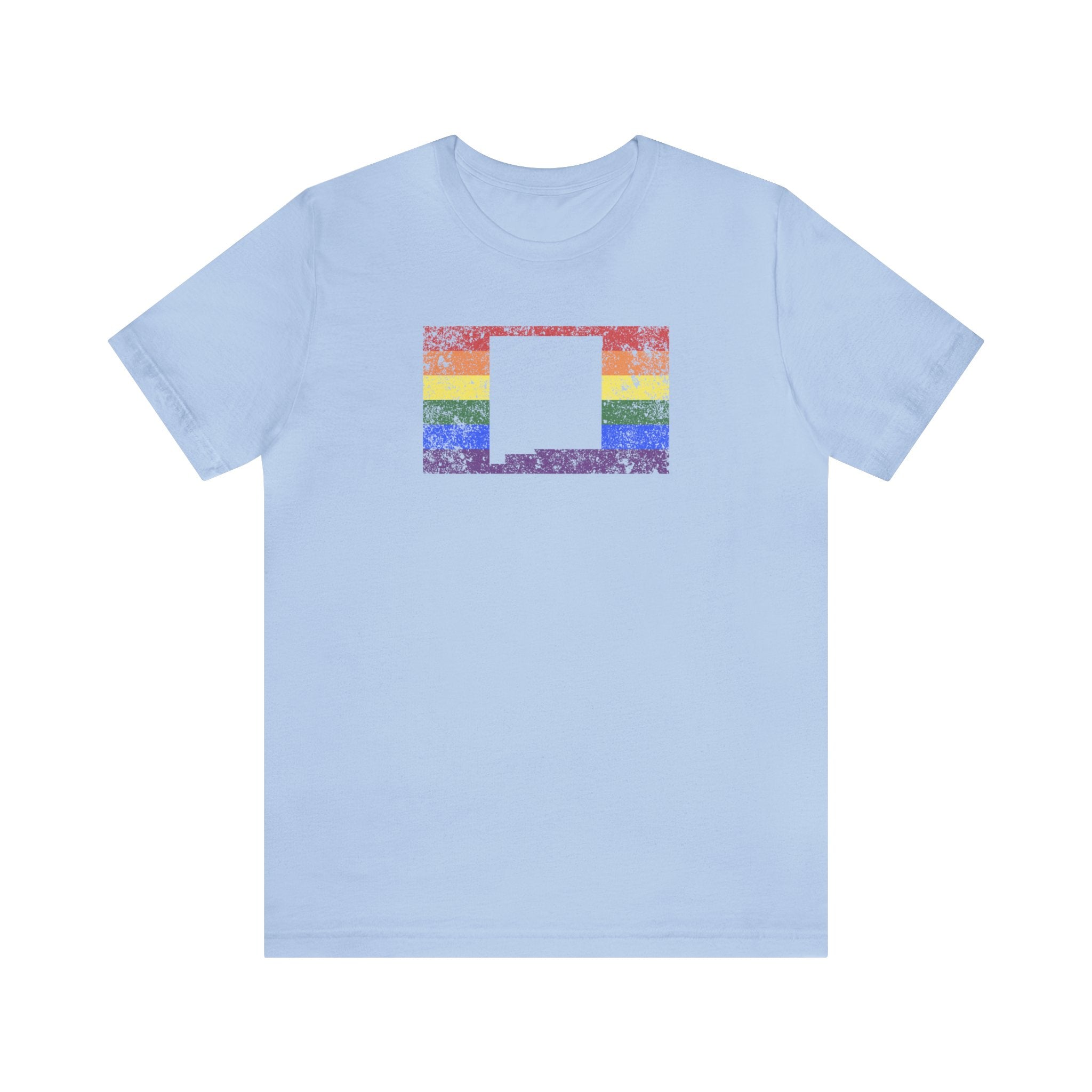 New Mexico Pride Flag Tee: Rainbow LGBTQ+ State Silhouette Distressed Shirt