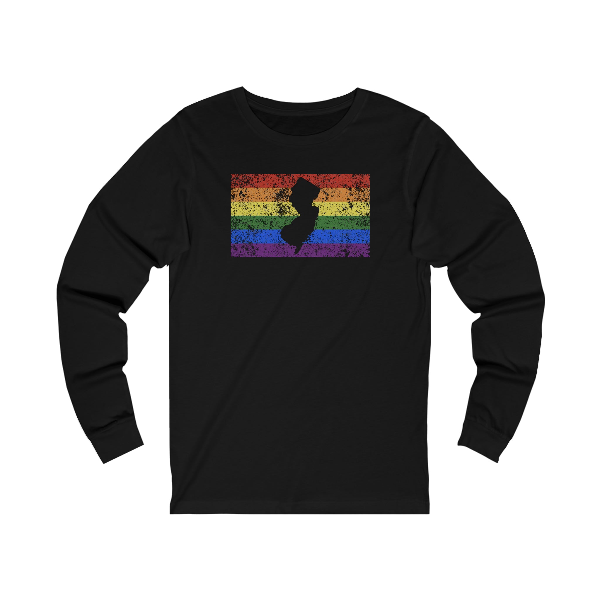 New Jersey Pride Flag Long Sleeve Tee: Rainbow LGBTQ+ State Silhouette Distressed Long Sleeve T-Shirt