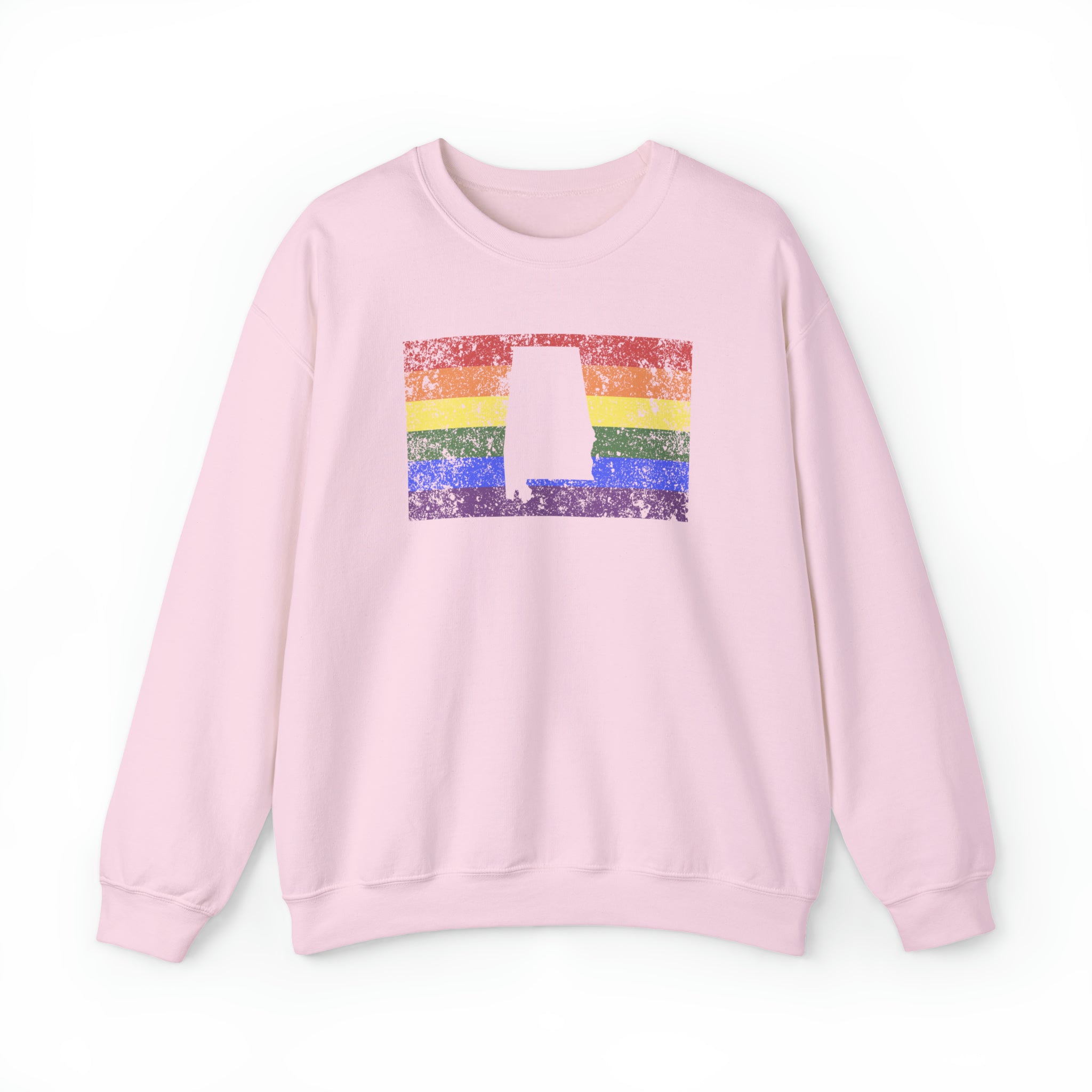 Alabama Pride Flag Sweater: Rainbow LGBTQ+ State Silhouette Distressed Sweatshirt
