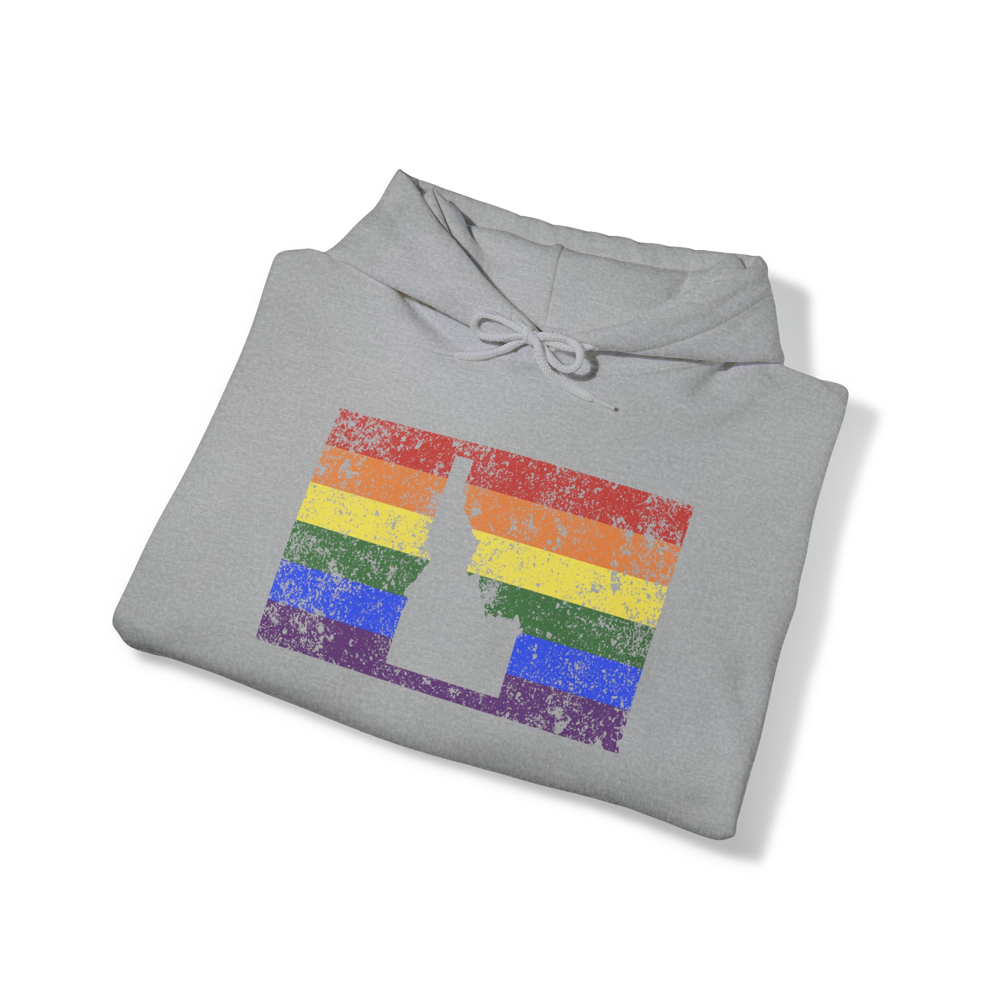 Idaho Pride Flag Hoodie: Rainbow LGBTQ+ State Silhouette Distressed Hooded Sweatshirt