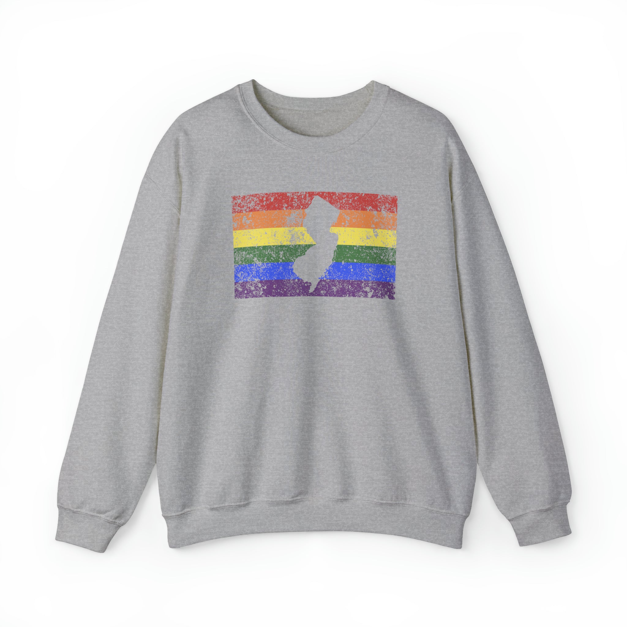 New Jersey Pride Flag Sweater: Rainbow LGBTQ+ State Silhouette Distressed Sweatshirt
