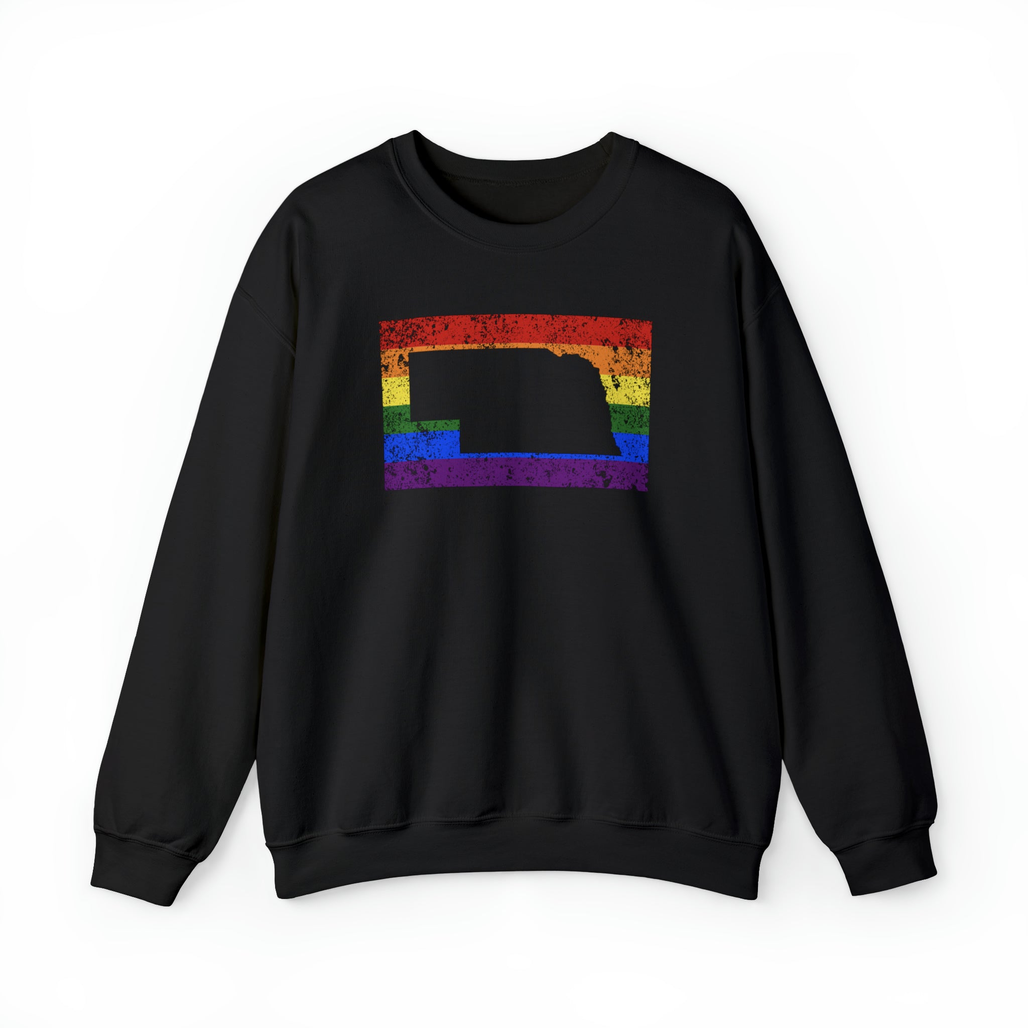 Nebraska Pride Flag Sweater: Rainbow LGBTQ+ State Silhouette Distressed Sweatshirt