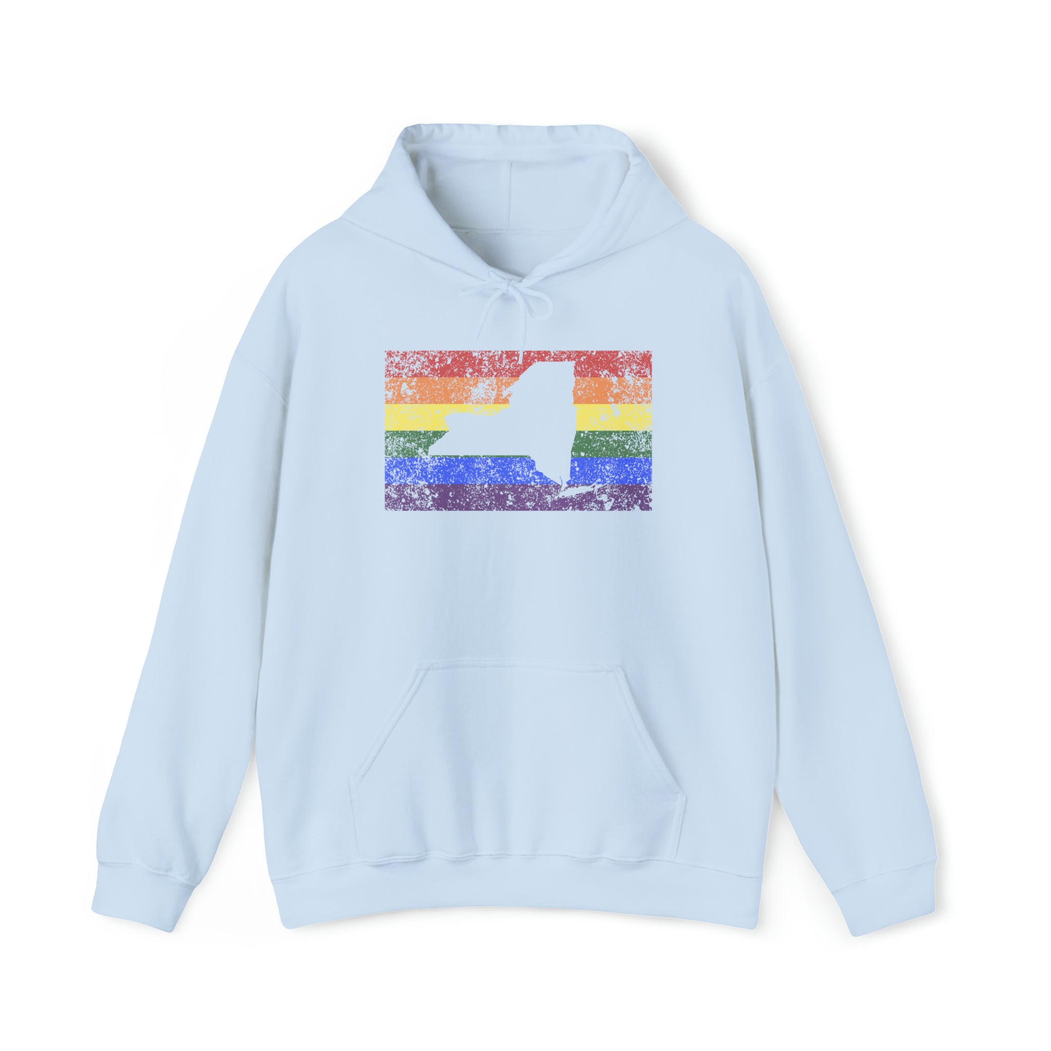 New York Pride Flag Hoodie: Rainbow LGBTQ+ State Silhouette Distressed Hooded Sweatshirt