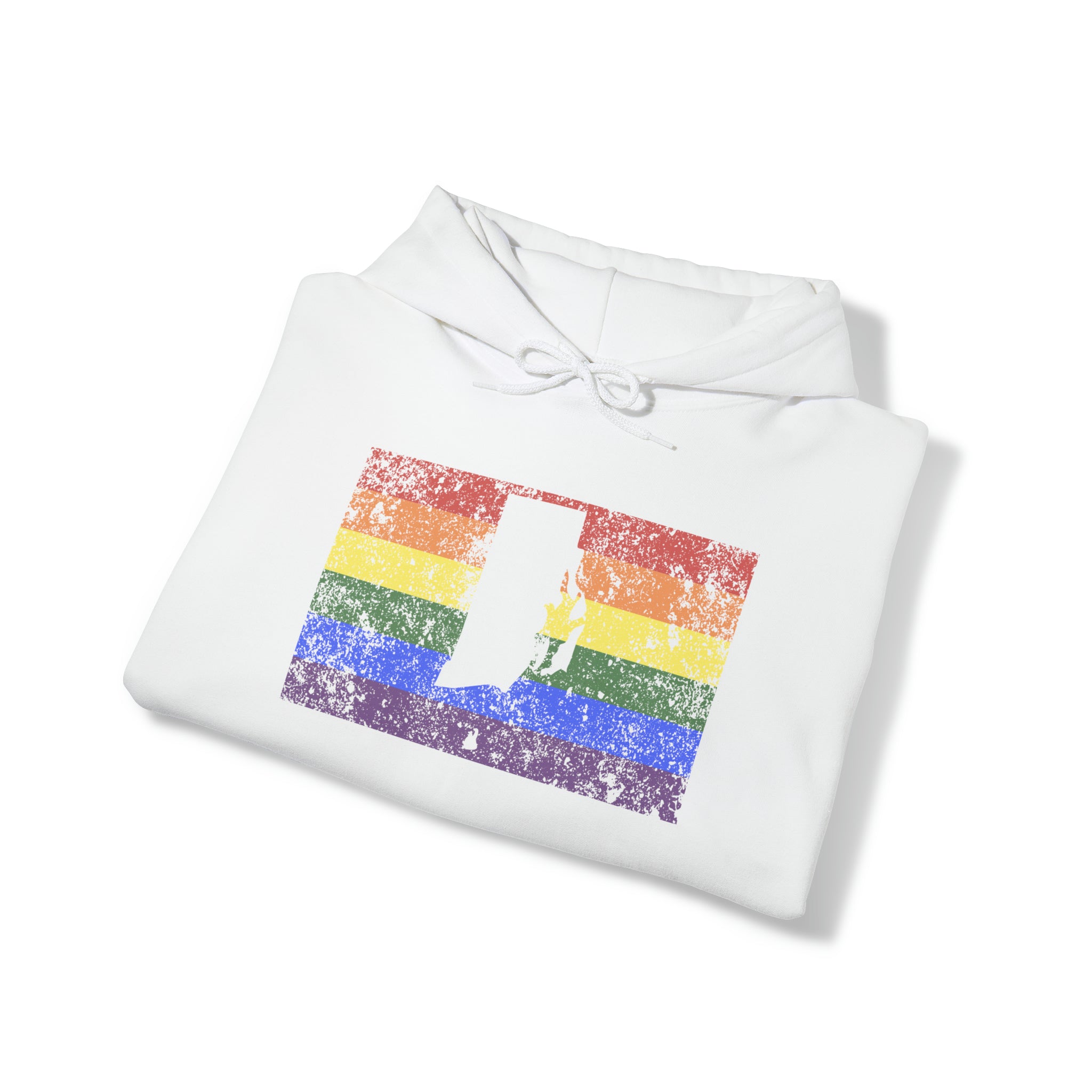 Rhode Island Pride Flag Hoodie: Rainbow LGBTQ+ State Silhouette Distressed Hooded Sweatshirt