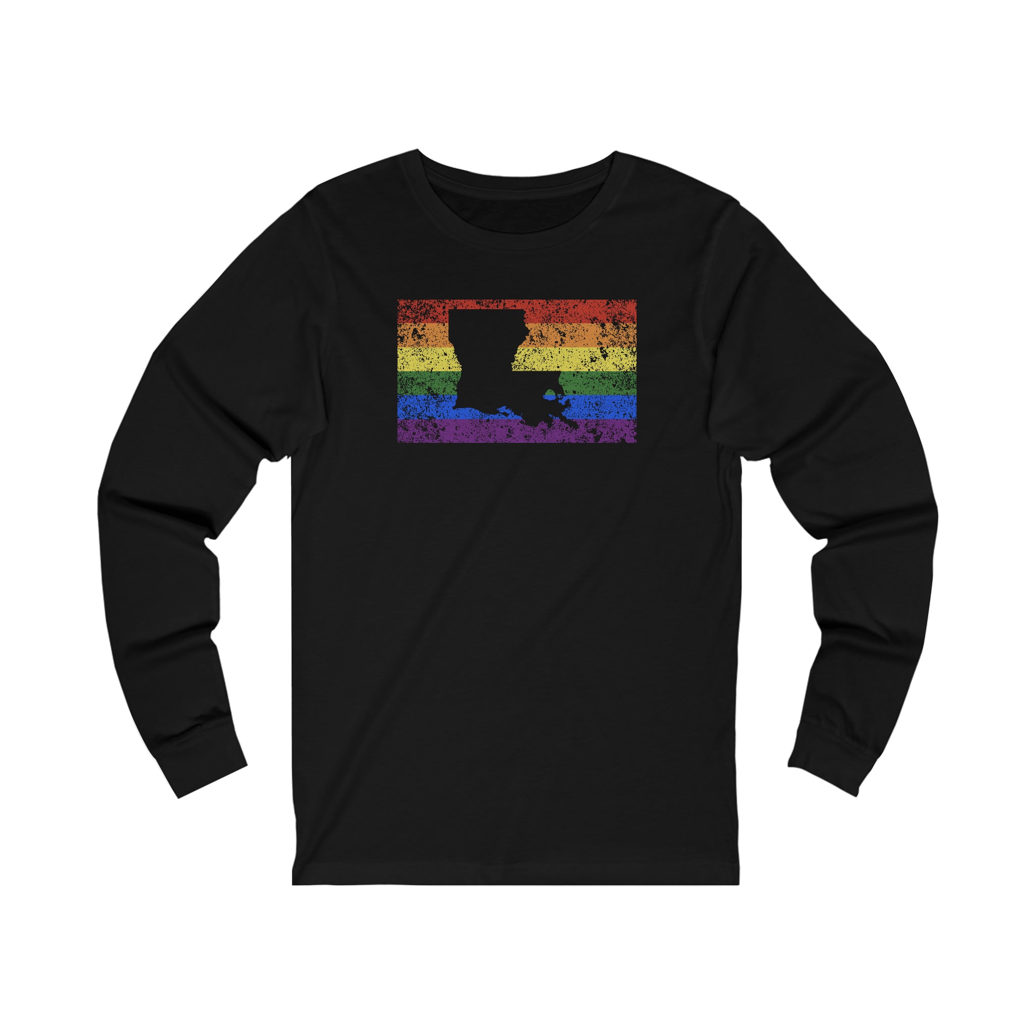 Louisiana Pride Flag Long Sleeve Tee: Rainbow LGBTQ+ State Silhouette Distressed Long Sleeve T-Shirt