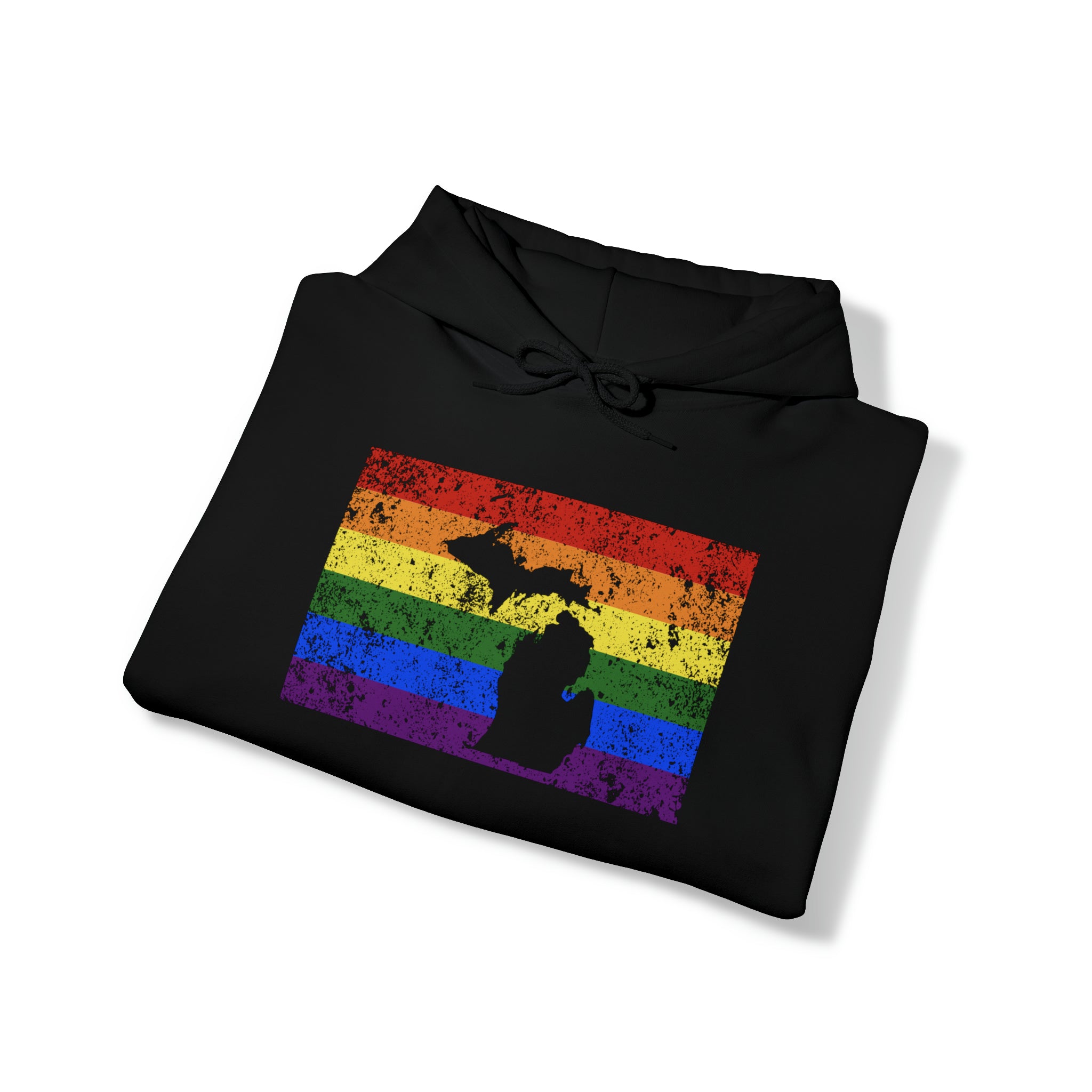 Michigan Pride Flag Hoodie: Rainbow LGBTQ+ State Silhouette Distressed Hooded Sweatshirt