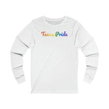 Texas Pride Long Sleeve Tee: Flowing Cursive Design with LGBTQ+ Gradient