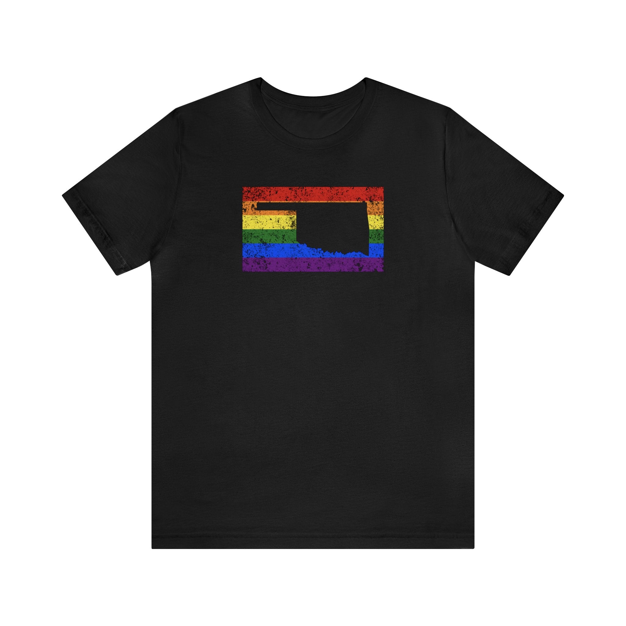 Oklahoma Pride Flag Tee: Rainbow LGBTQ+ State Silhouette Distressed Shirt
