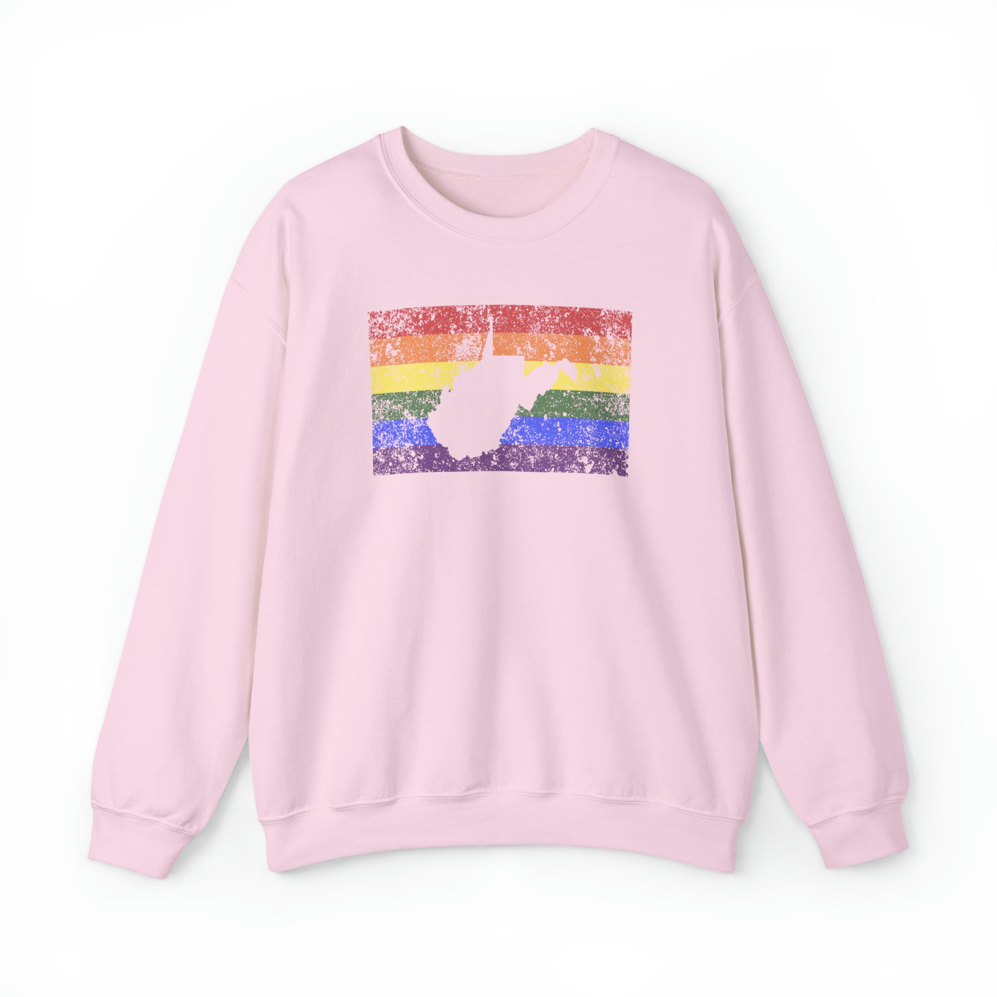 West Virginia Pride Flag Sweater: Rainbow LGBTQ+ State Silhouette Distressed Sweatshirt