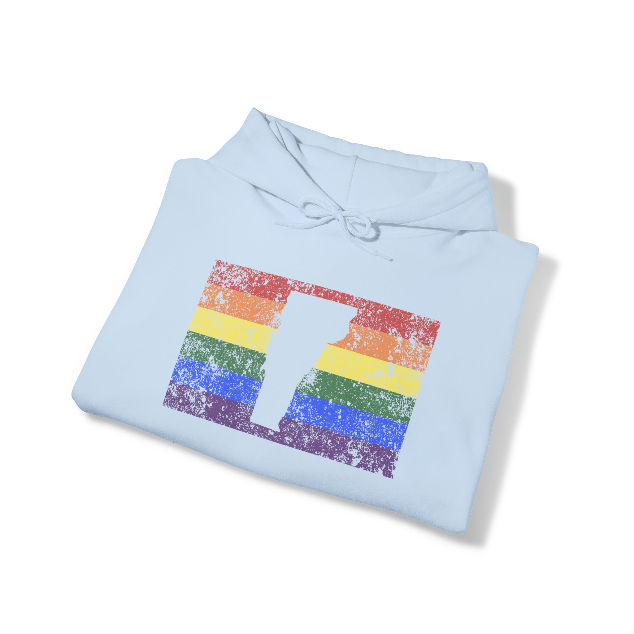 Vermont Pride Flag Hoodie: Rainbow LGBTQ+ State Silhouette Distressed Hooded Sweatshirt