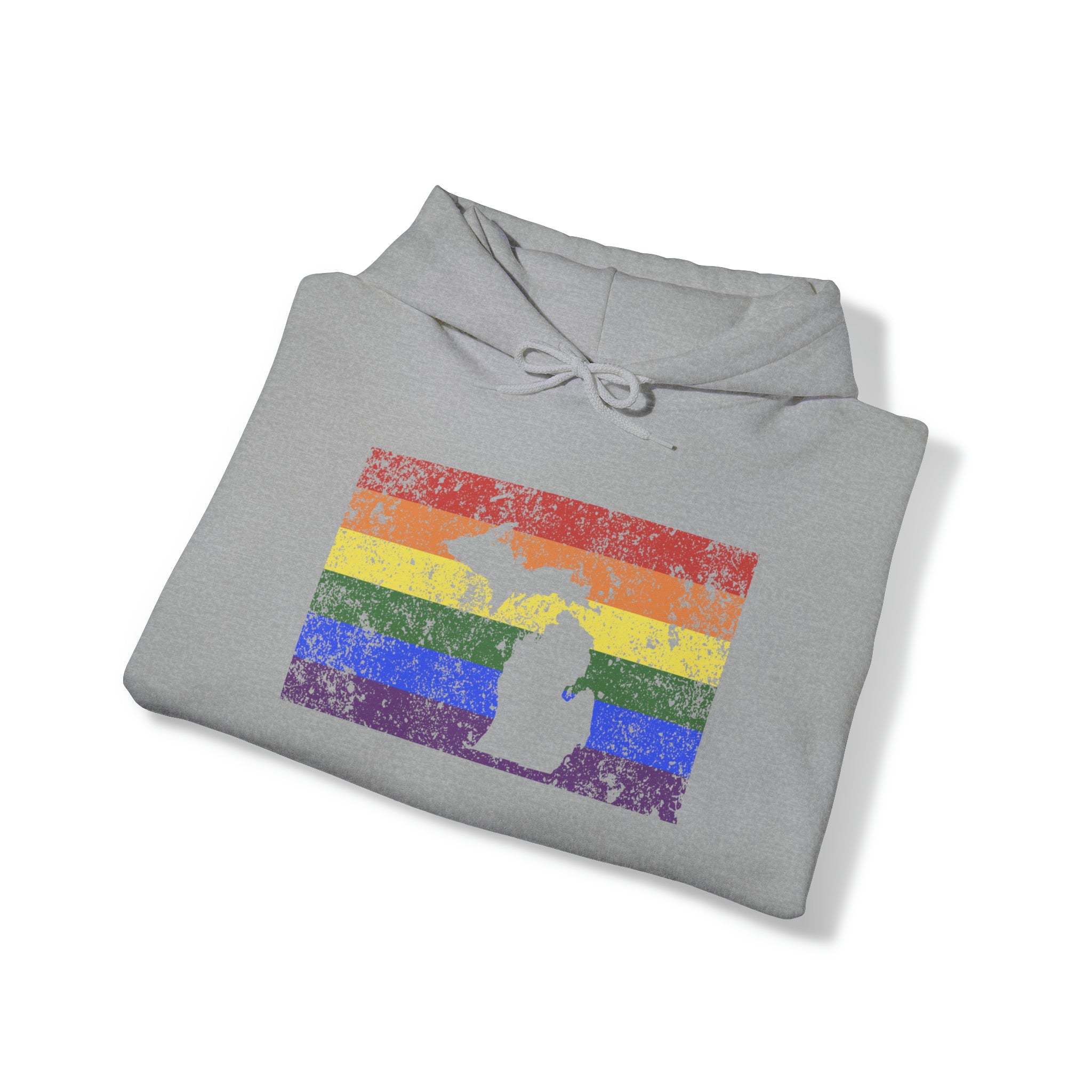 Michigan Pride Flag Hoodie: Rainbow LGBTQ+ State Silhouette Distressed Hooded Sweatshirt