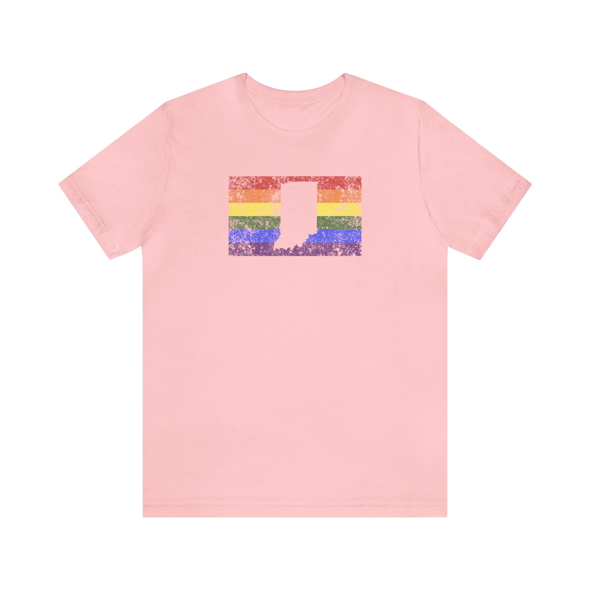 Indiana Pride Flag Tee: Rainbow LGBTQ+ State Silhouette Distressed Shirt