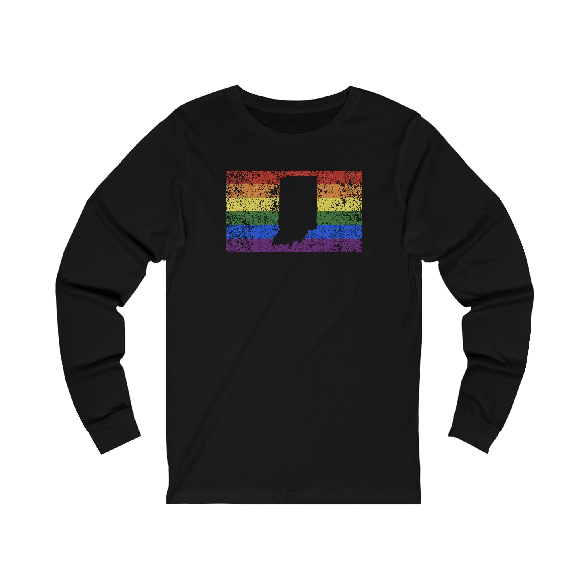 Indiana Pride Flag Long Sleeve Tee: Rainbow LGBTQ+ State Silhouette Distressed Long Sleeve T-Shirt