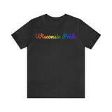 Wisconsin Pride T-Shirt: Flowing Cursive Design with LGBTQ+ Gradient