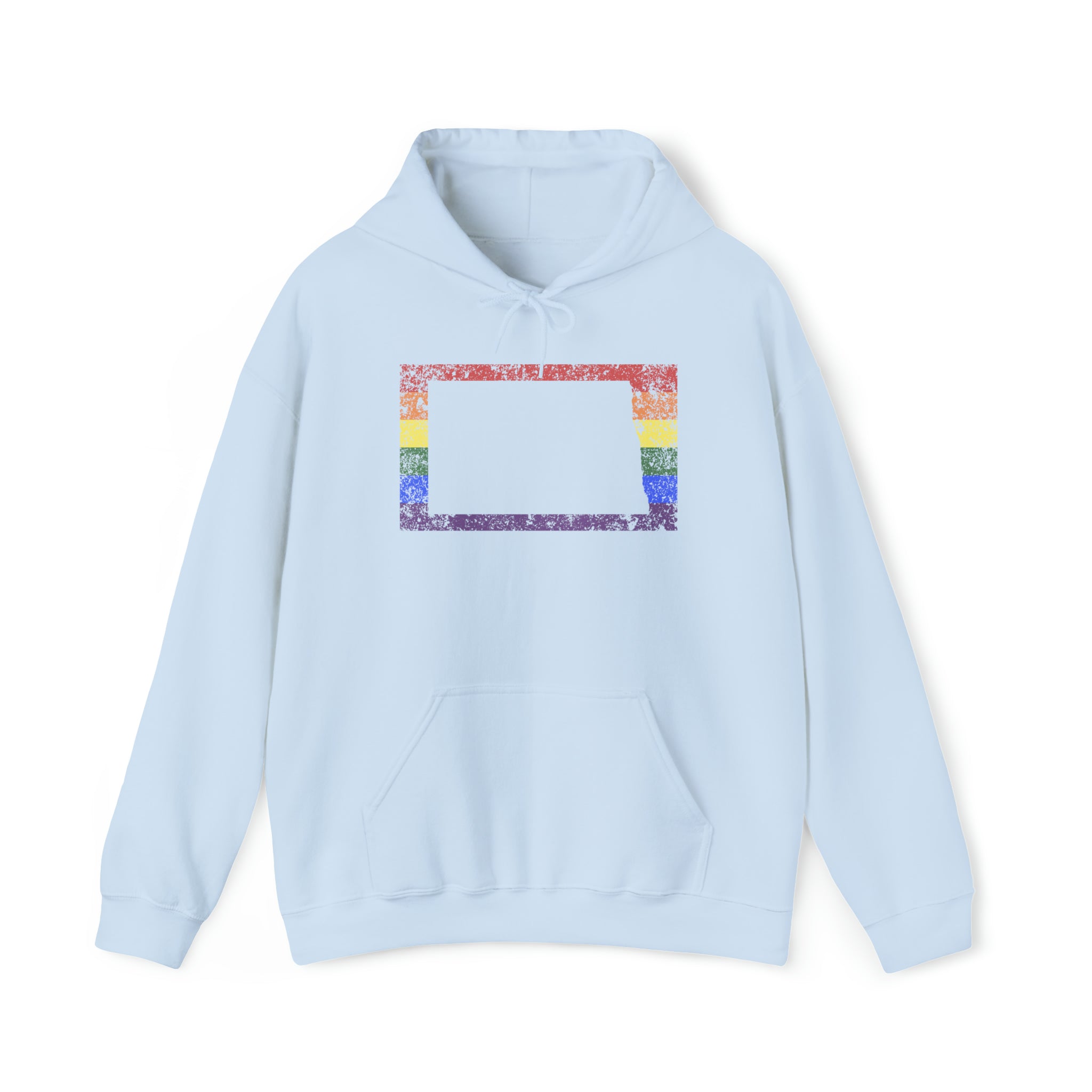 North Dakota Pride Flag Hoodie: Rainbow LGBTQ+ State Silhouette Distressed Hooded Sweatshirt