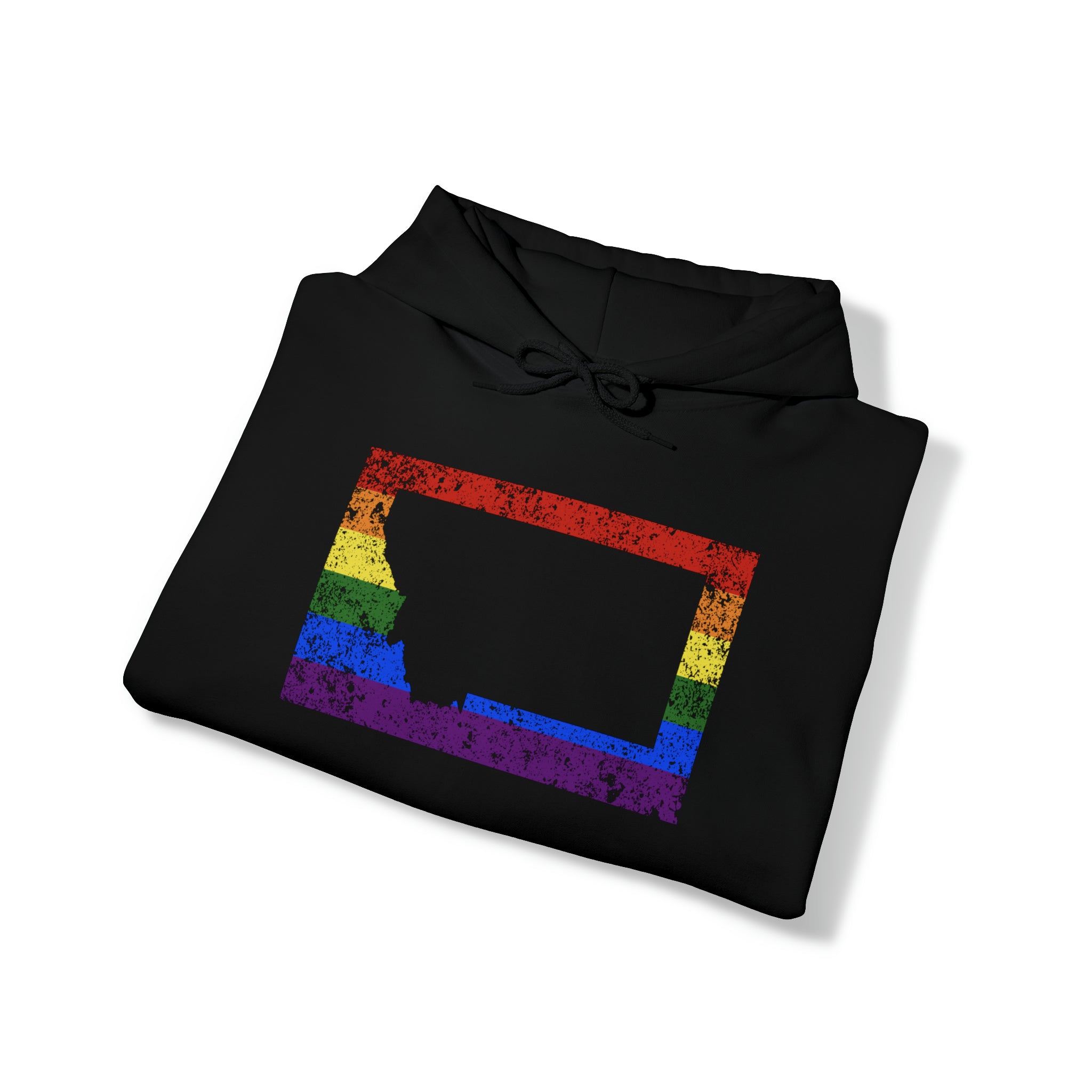 Montana Pride Flag Hoodie: Rainbow LGBTQ+ State Silhouette Distressed Hooded Sweatshirt