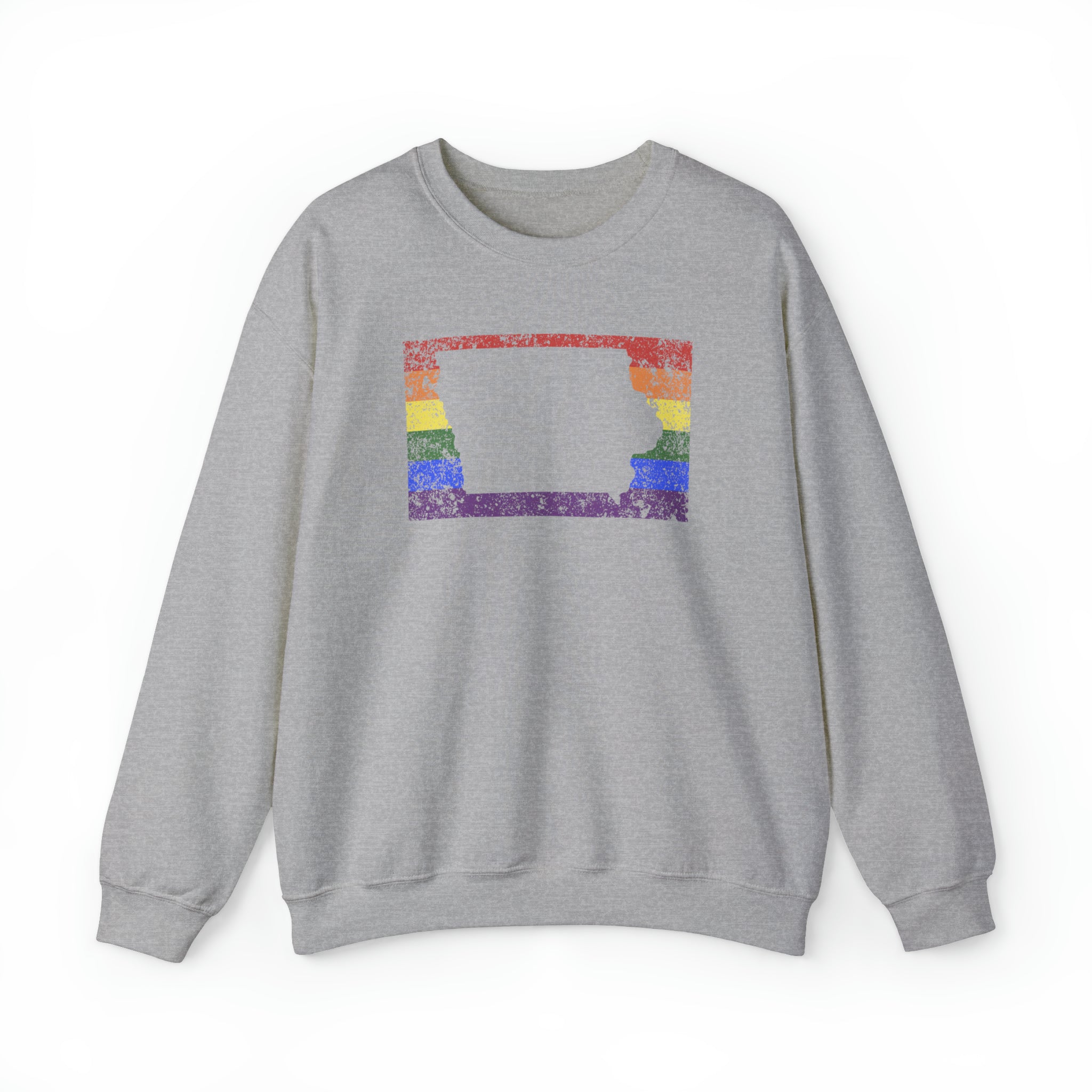 Iowa Pride Flag Sweater: Rainbow LGBTQ+ State Silhouette Distressed Sweatshirt