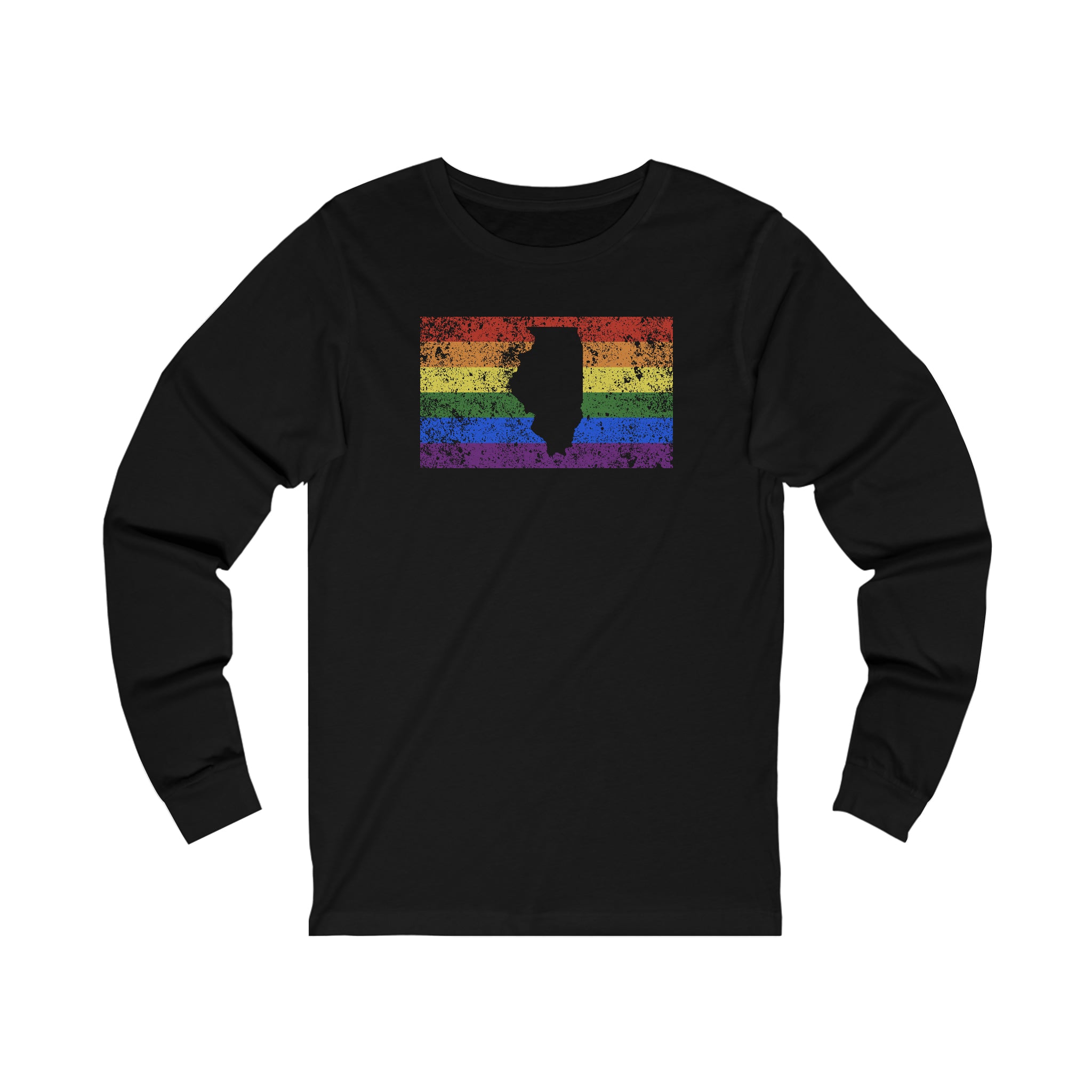 Illinois Pride Flag Long Sleeve Tee: Rainbow LGBTQ+ State Silhouette Distressed Long Sleeve T-Shirt
