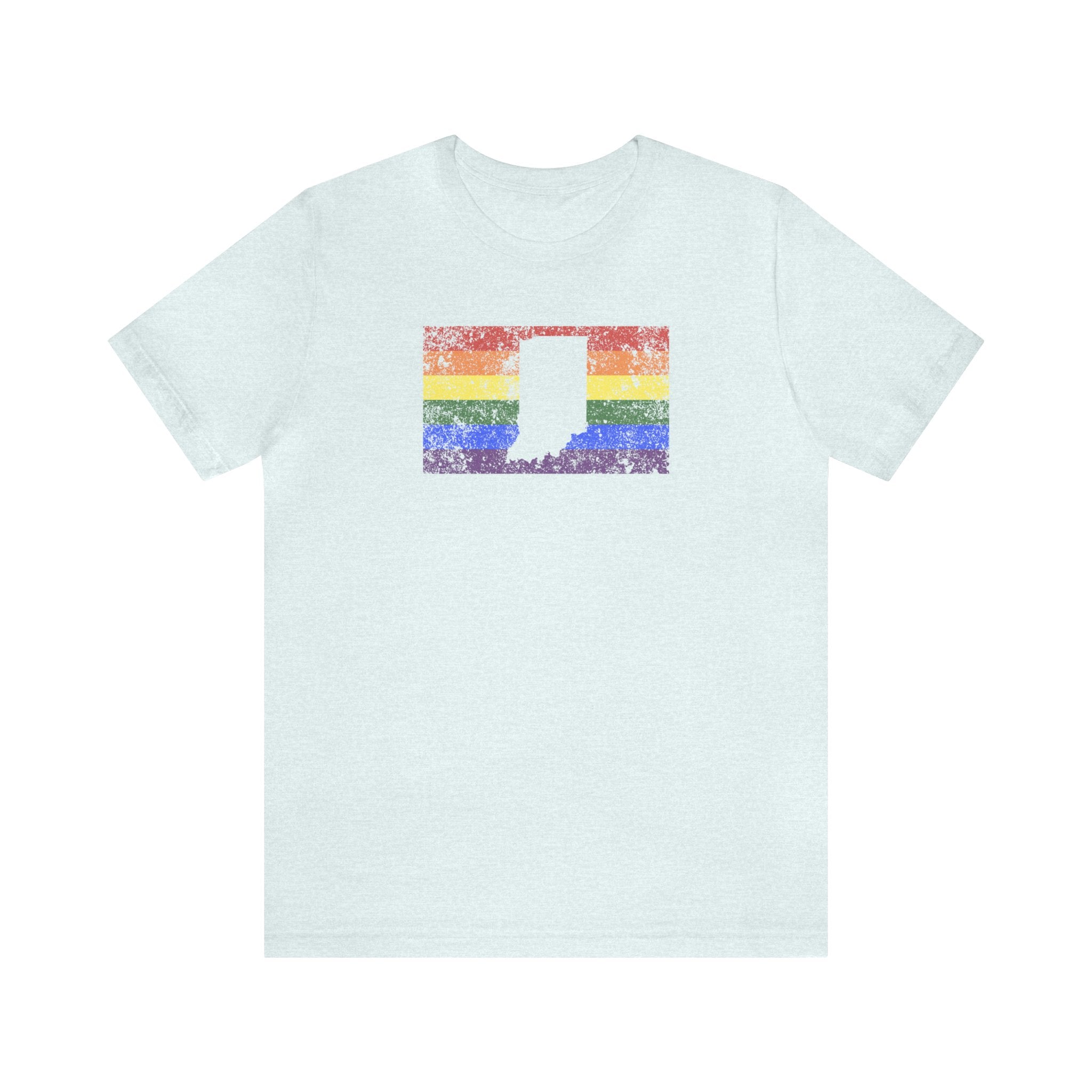 Indiana Pride Flag Tee: Rainbow LGBTQ+ State Silhouette Distressed Shirt