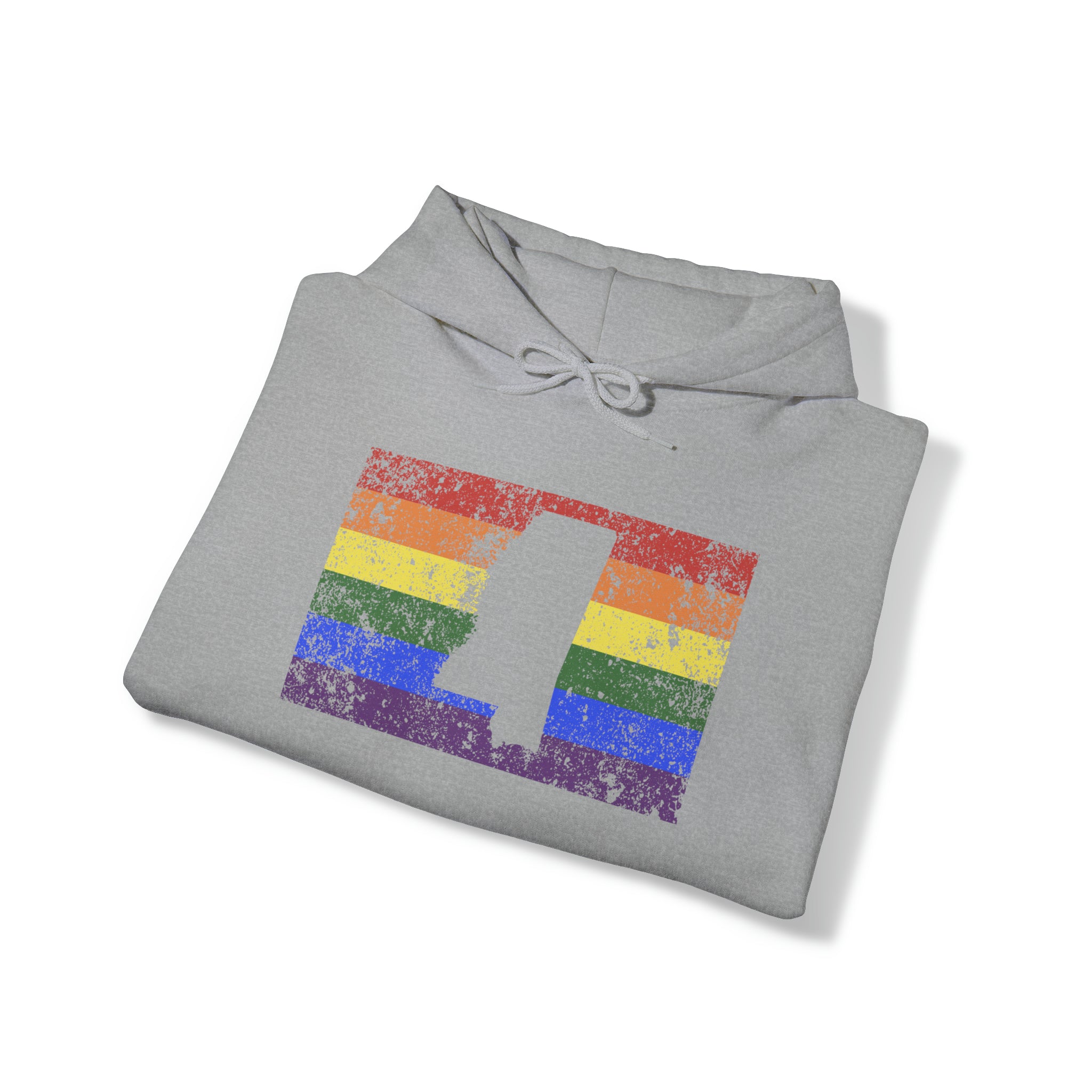 Mississippi Pride Flag Hoodie: Rainbow LGBTQ+ State Silhouette Distressed Hooded Sweatshirt