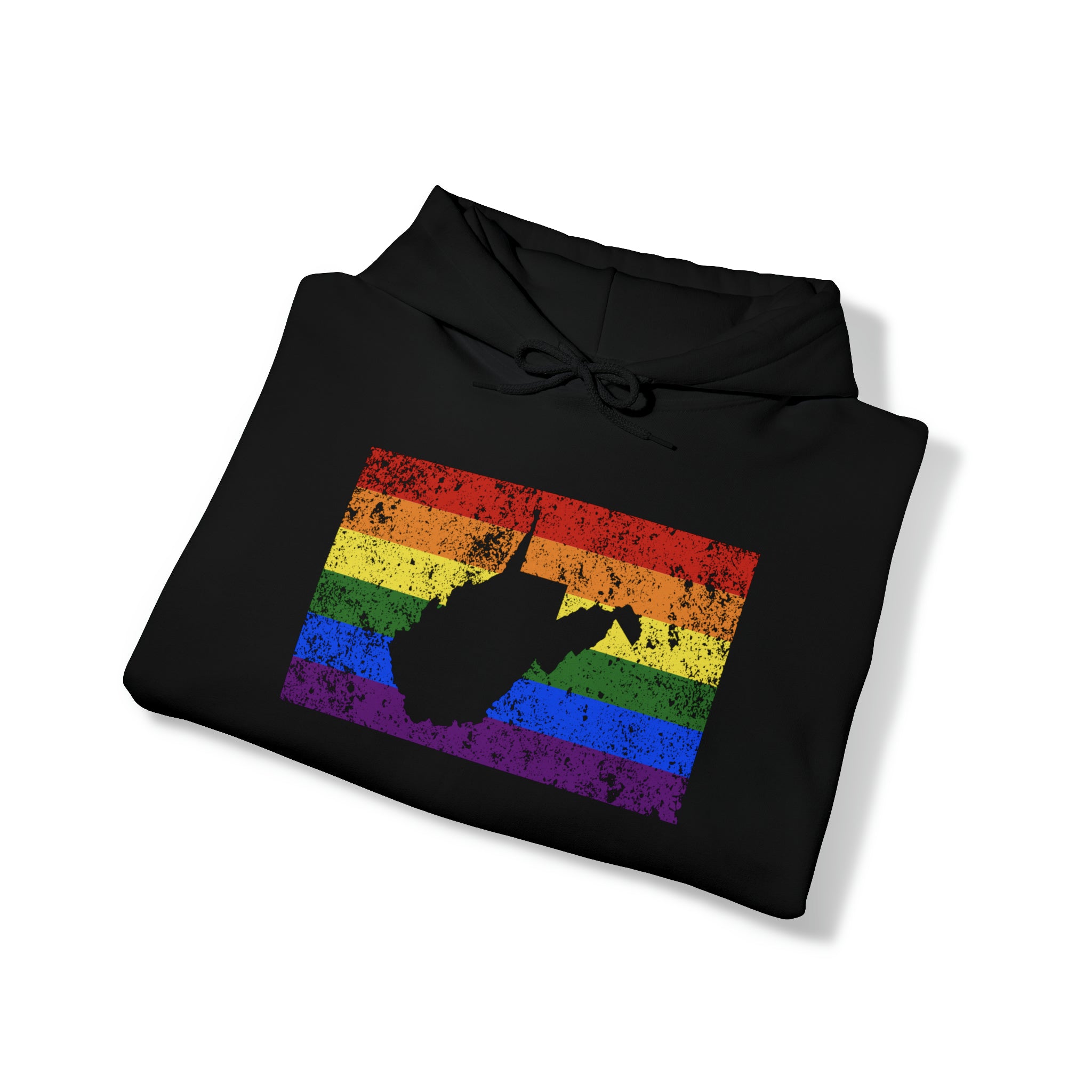 West Virginia Pride Flag Hoodie: Rainbow LGBTQ+ State Silhouette Distressed Hooded Sweatshirt