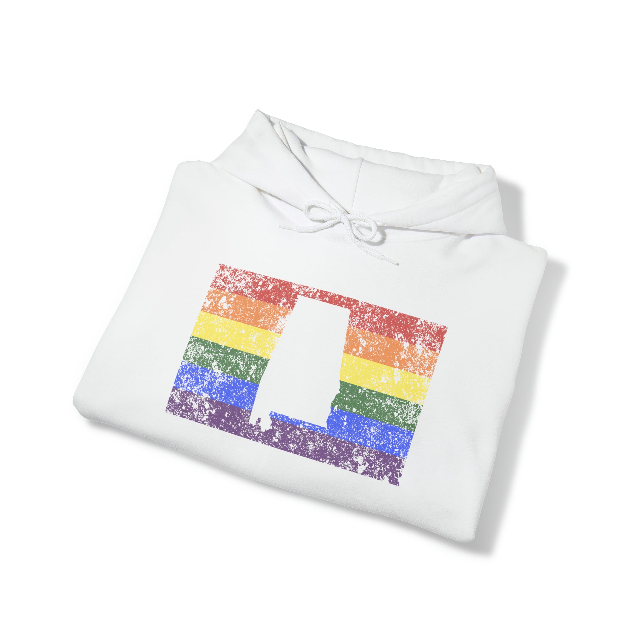 Alabama Pride Flag Hoodie: Rainbow LGBTQ+ State Silhouette Distressed Hooded Sweatshirt