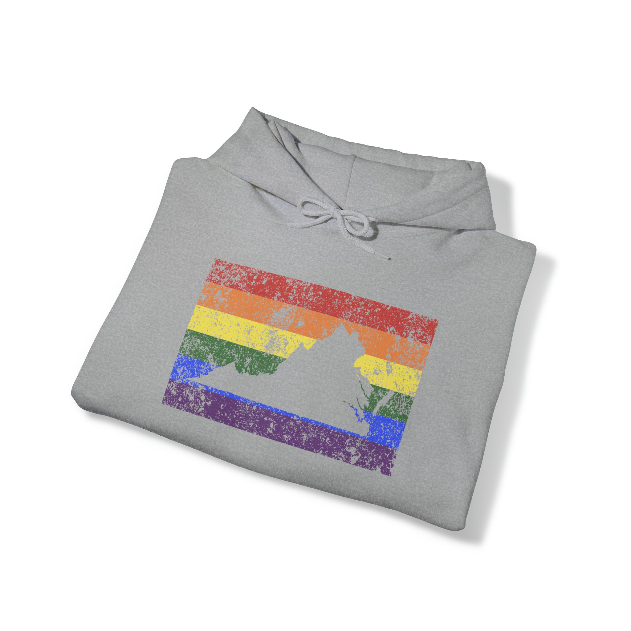 Virginia Pride Flag Hoodie: Rainbow LGBTQ+ State Silhouette Distressed Hooded Sweatshirt