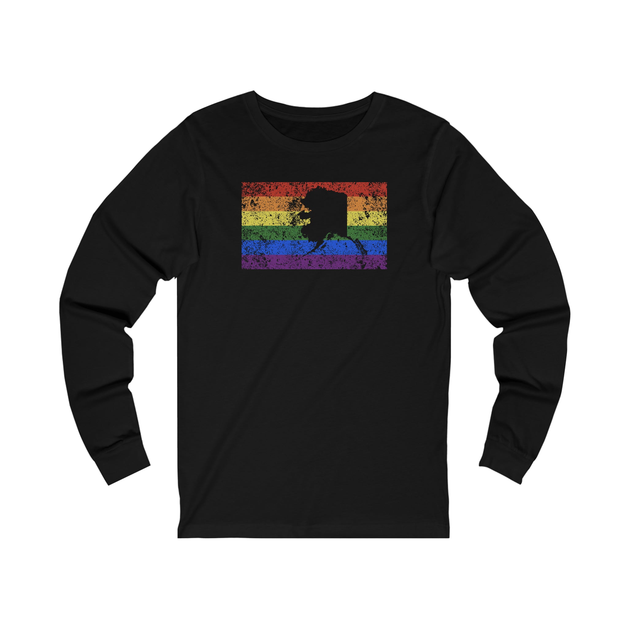 Alaska Pride Flag Long Sleeve Tee: Rainbow LGBTQ+ State Silhouette Distressed Long Sleeve T-Shirt