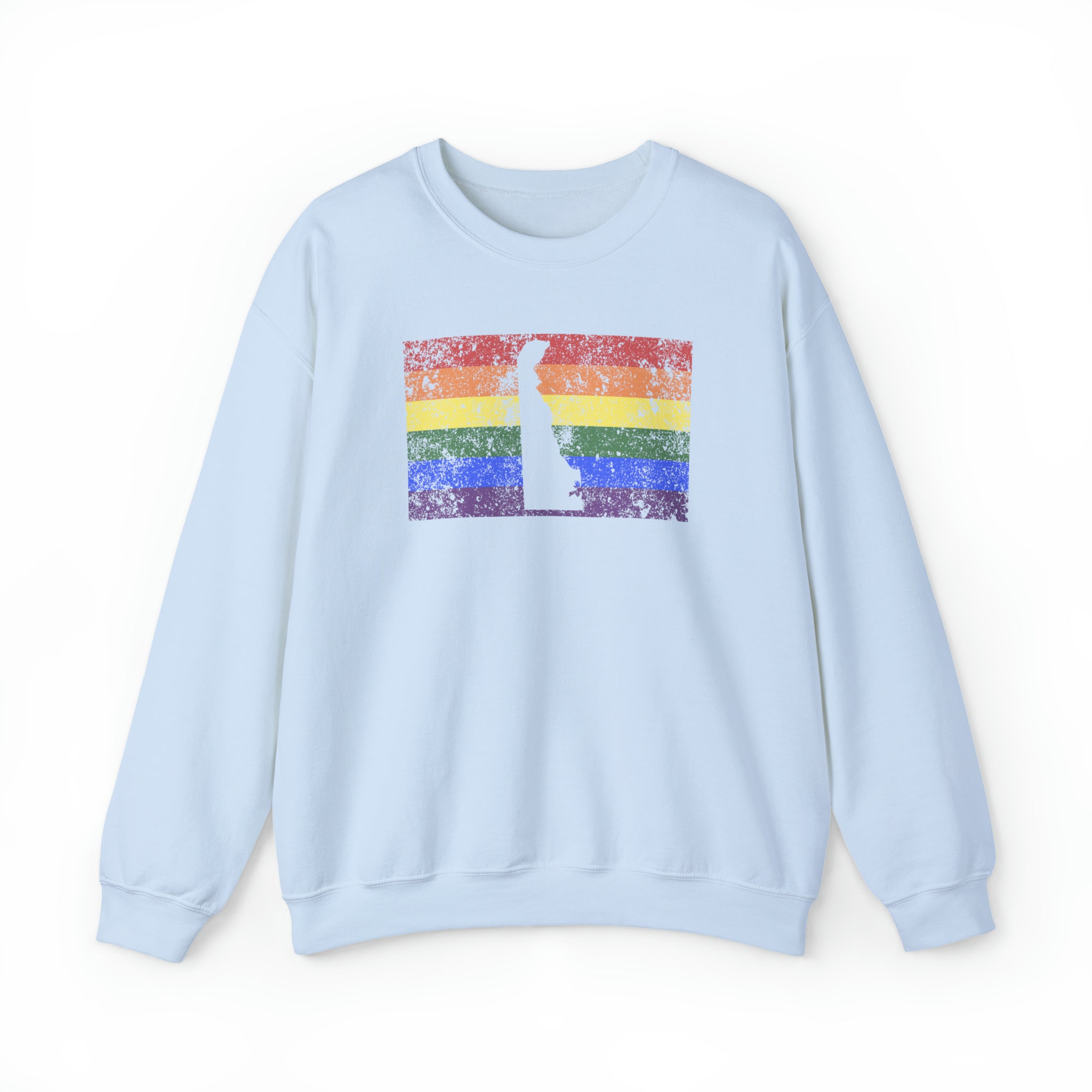 Delaware Pride Flag Sweater: Rainbow LGBTQ+ State Silhouette Distressed Sweatshirt