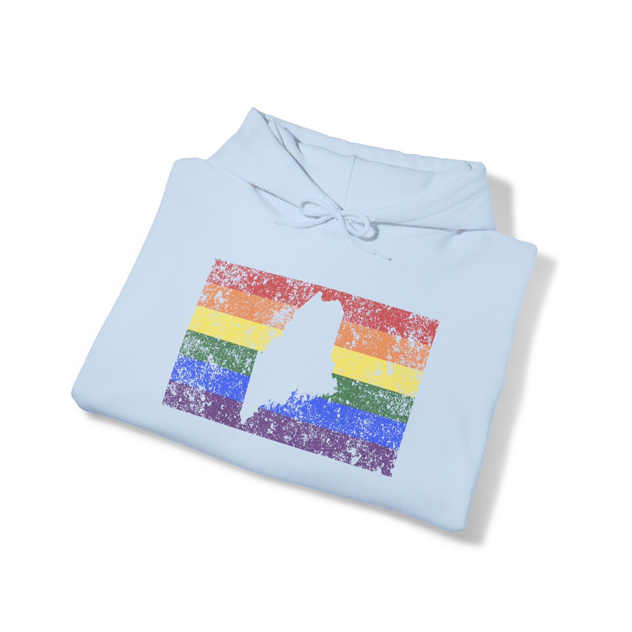Maine Pride Flag Hoodie: Rainbow LGBTQ+ State Silhouette Distressed Hooded Sweatshirt