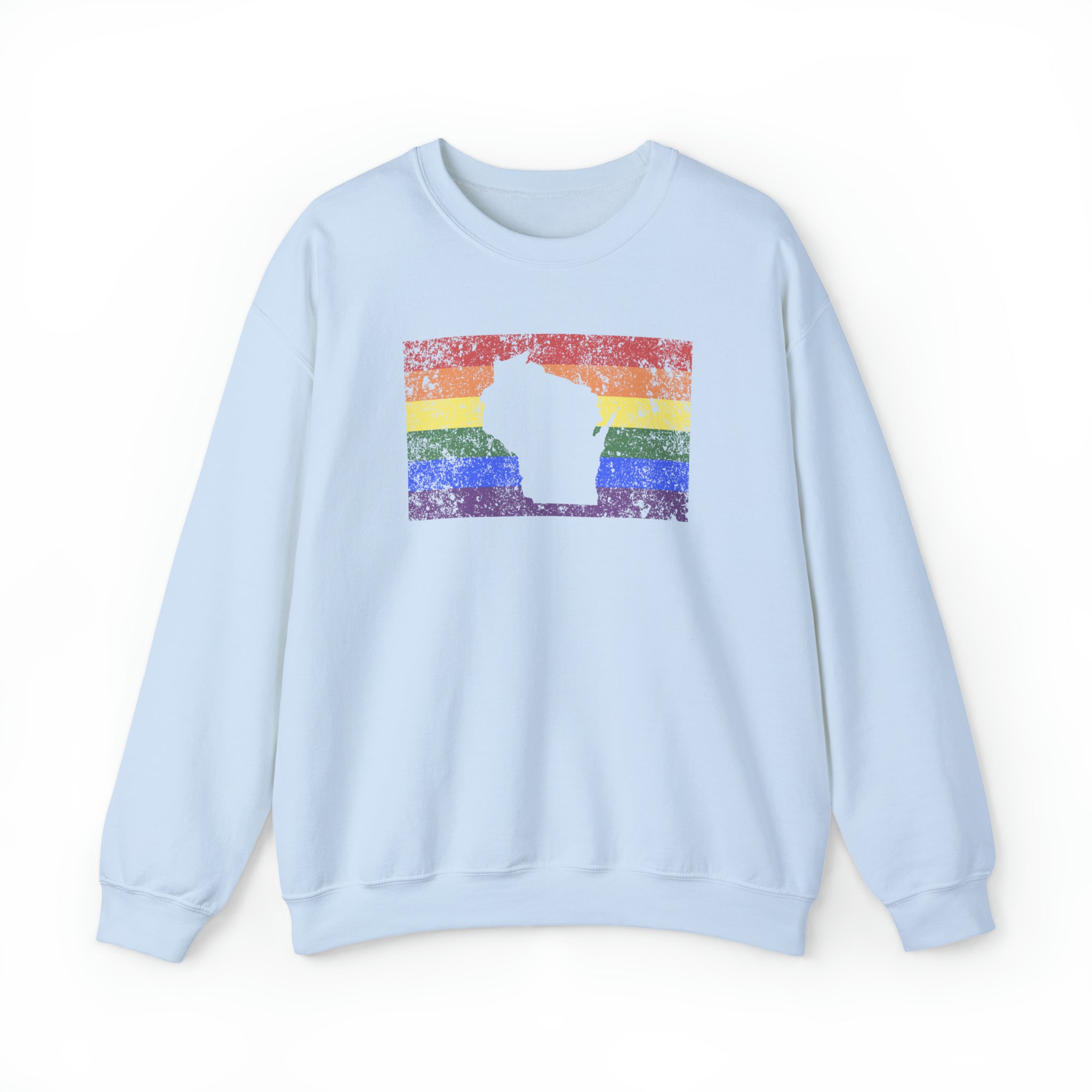Wisconsin Pride Flag Sweater: Rainbow LGBTQ+ State Silhouette Distressed Sweatshirt