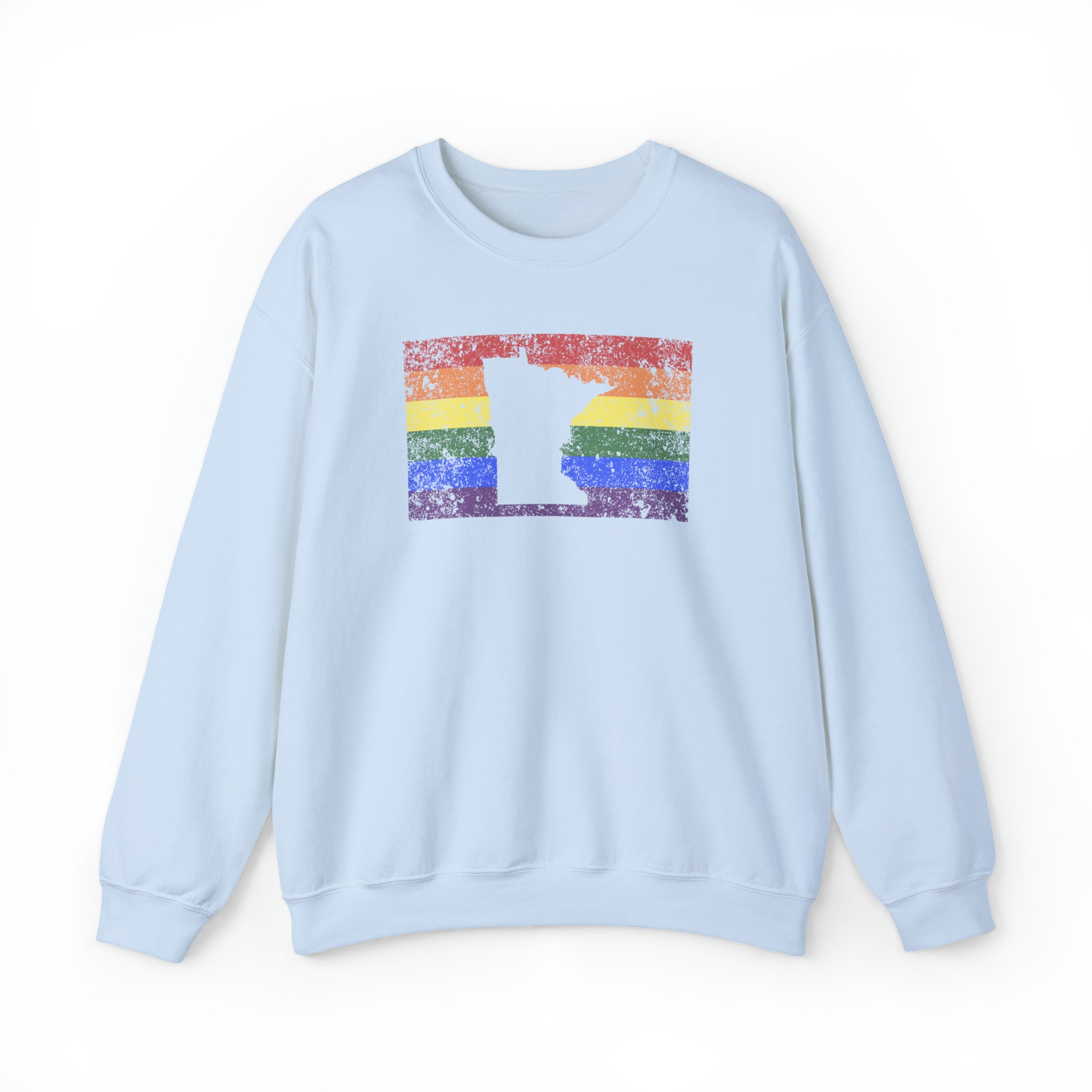Minnesota Pride Flag Sweater: Rainbow LGBTQ+ State Silhouette Distressed Sweatshirt