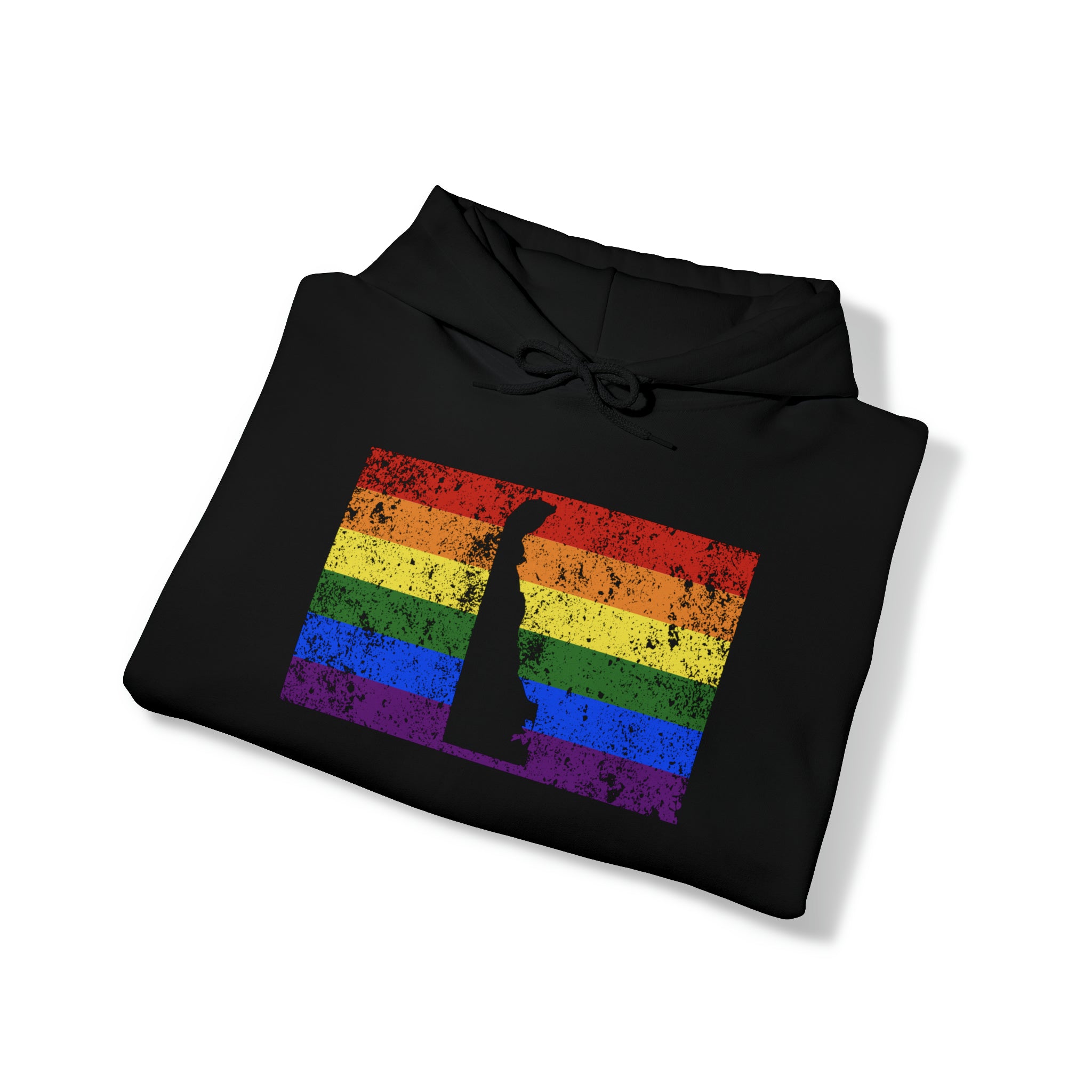 Delaware Pride Flag Hoodie: Rainbow LGBTQ+ State Silhouette Distressed Hooded Sweatshirt