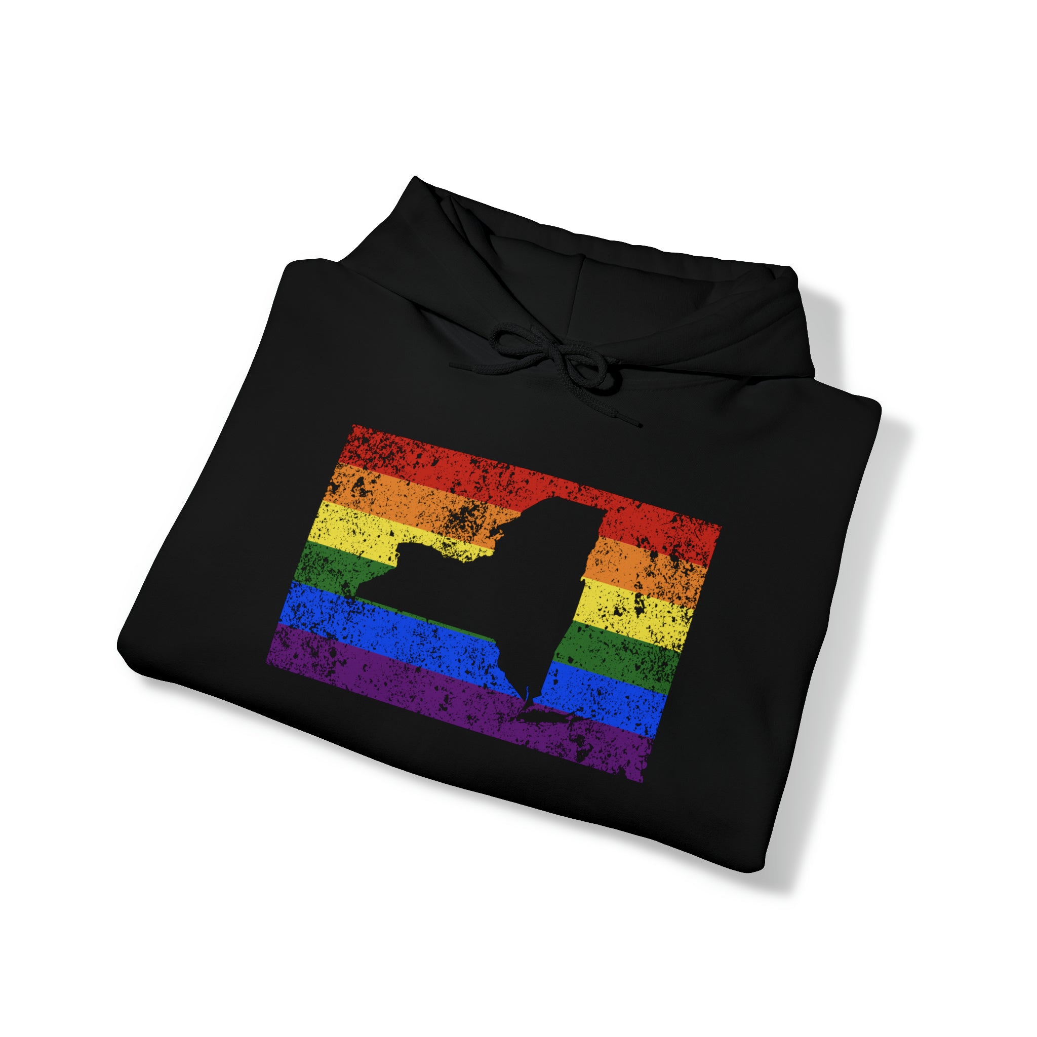 New York Pride Flag Hoodie: Rainbow LGBTQ+ State Silhouette Distressed Hooded Sweatshirt