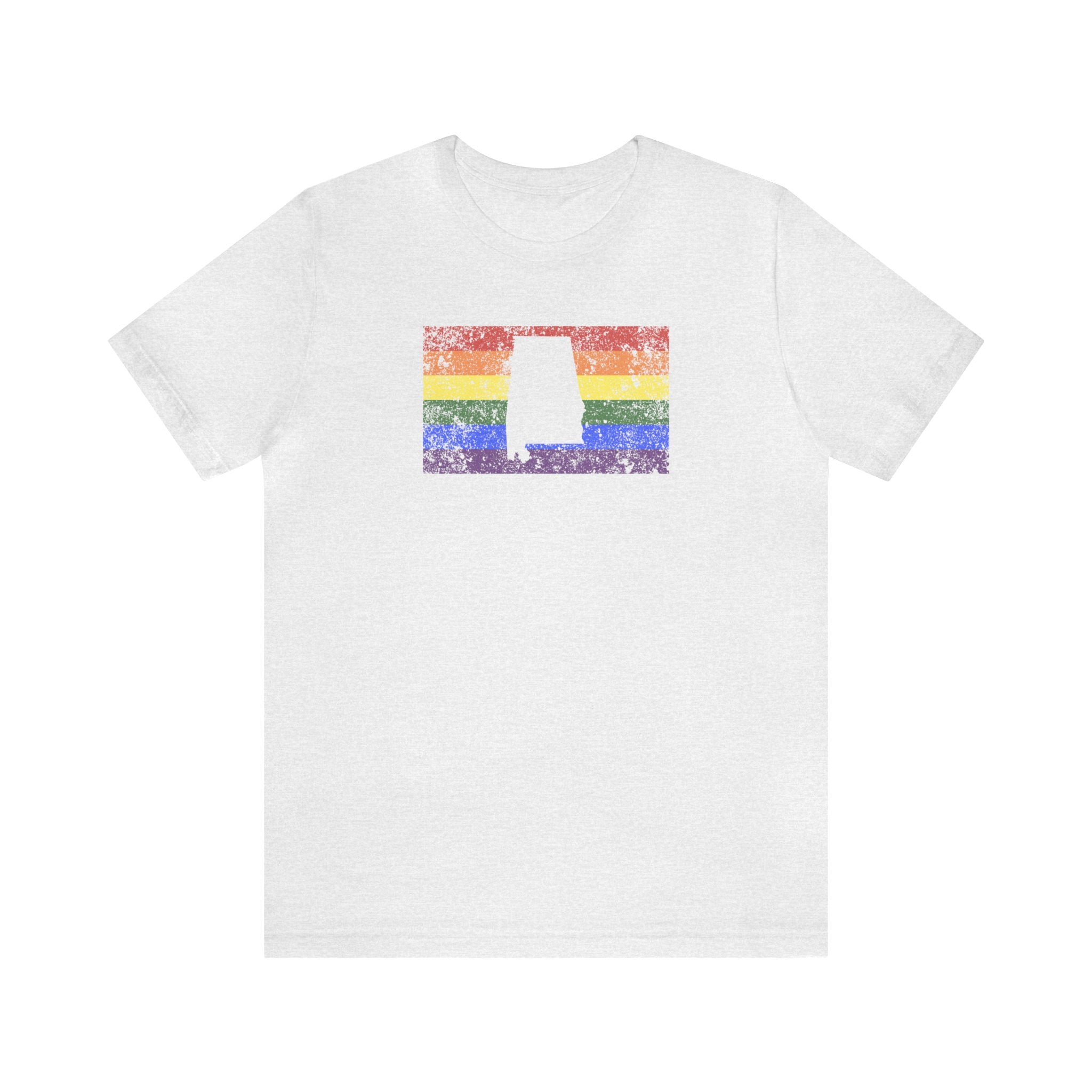 Alabama Pride Flag Tee: Rainbow LGBTQ+ State Silhouette Distressed Shirt