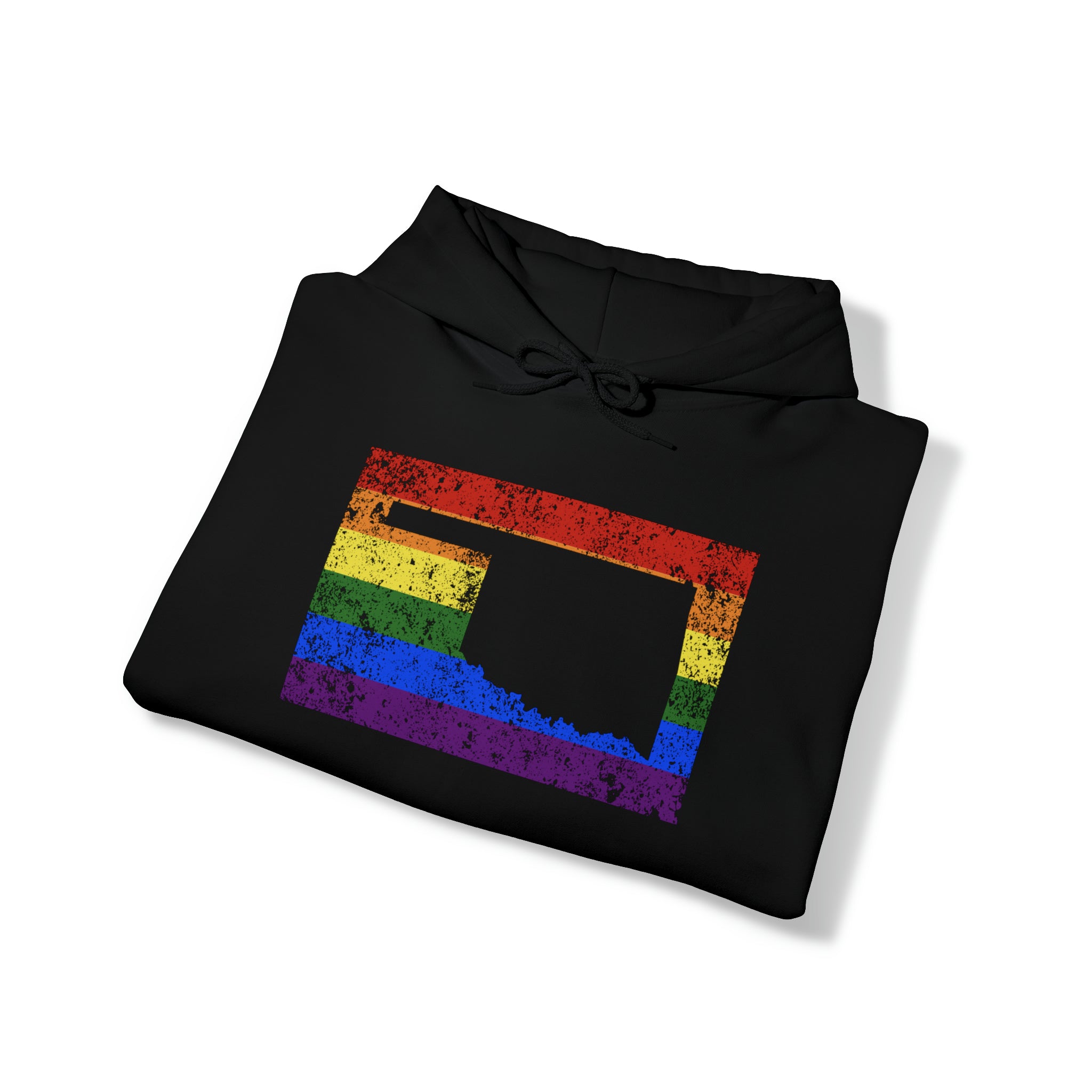 Oklahoma Pride Flag Hoodie: Rainbow LGBTQ+ State Silhouette Distressed Hooded Sweatshirt