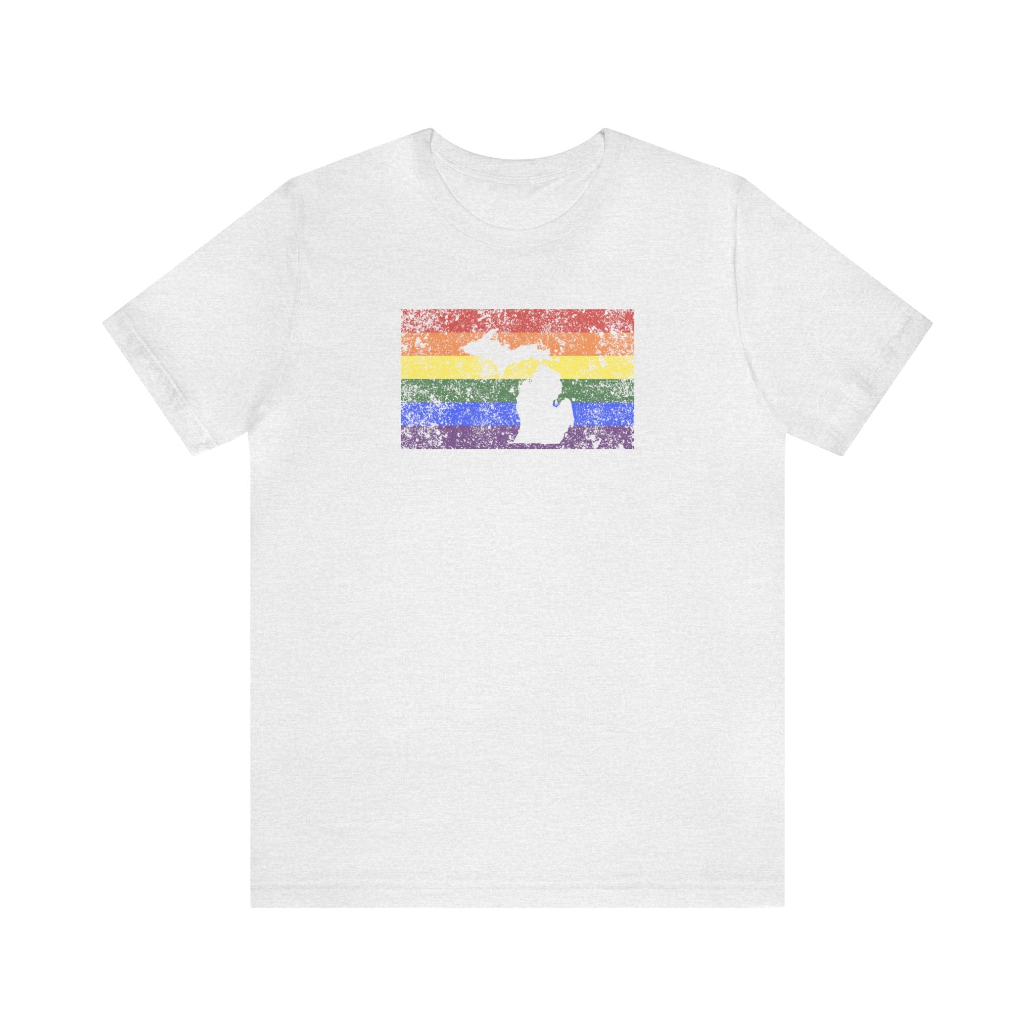 Michigan Pride Flag Tee: Rainbow LGBTQ+ State Silhouette Distressed Shirt