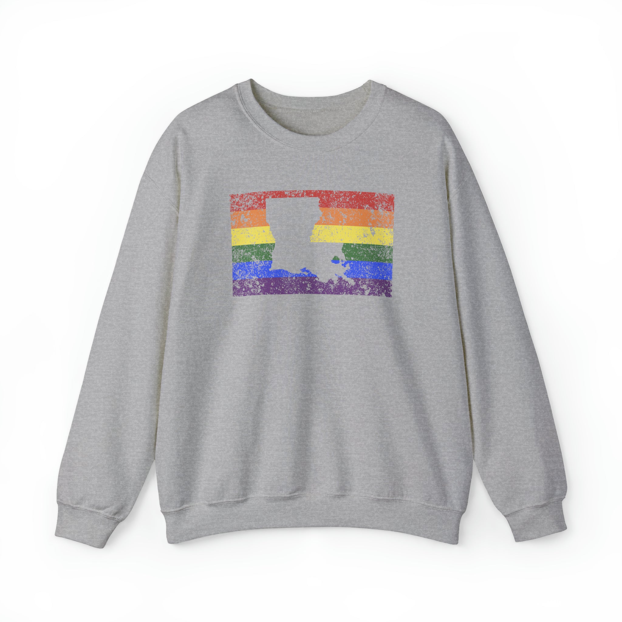 Louisiana Pride Flag Sweater: Rainbow LGBTQ+ State Silhouette Distressed Sweatshirt
