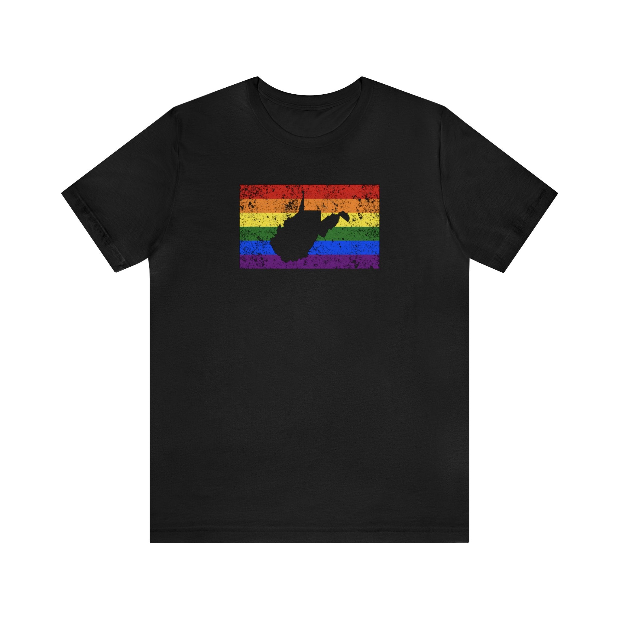 West Virginia Pride Flag Tee: Rainbow LGBTQ+ State Silhouette Distressed Shirt