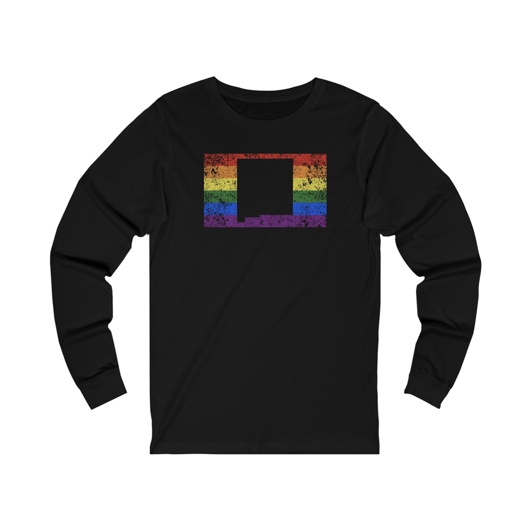 New Mexico Pride Flag Long Sleeve Tee: Rainbow LGBTQ+ State Silhouette Distressed Long Sleeve T-Shirt