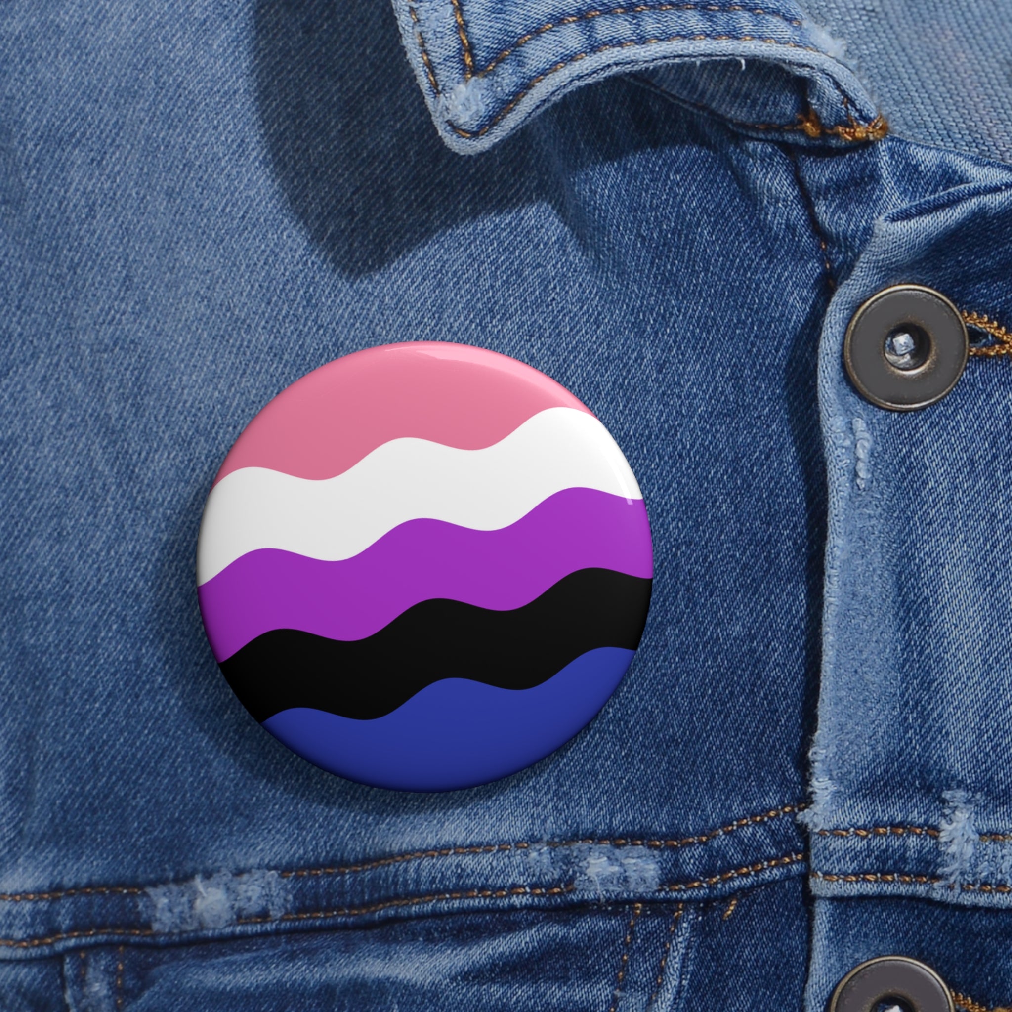 Genderfluid Pride Flag Pin: Round Button with Wavey Design