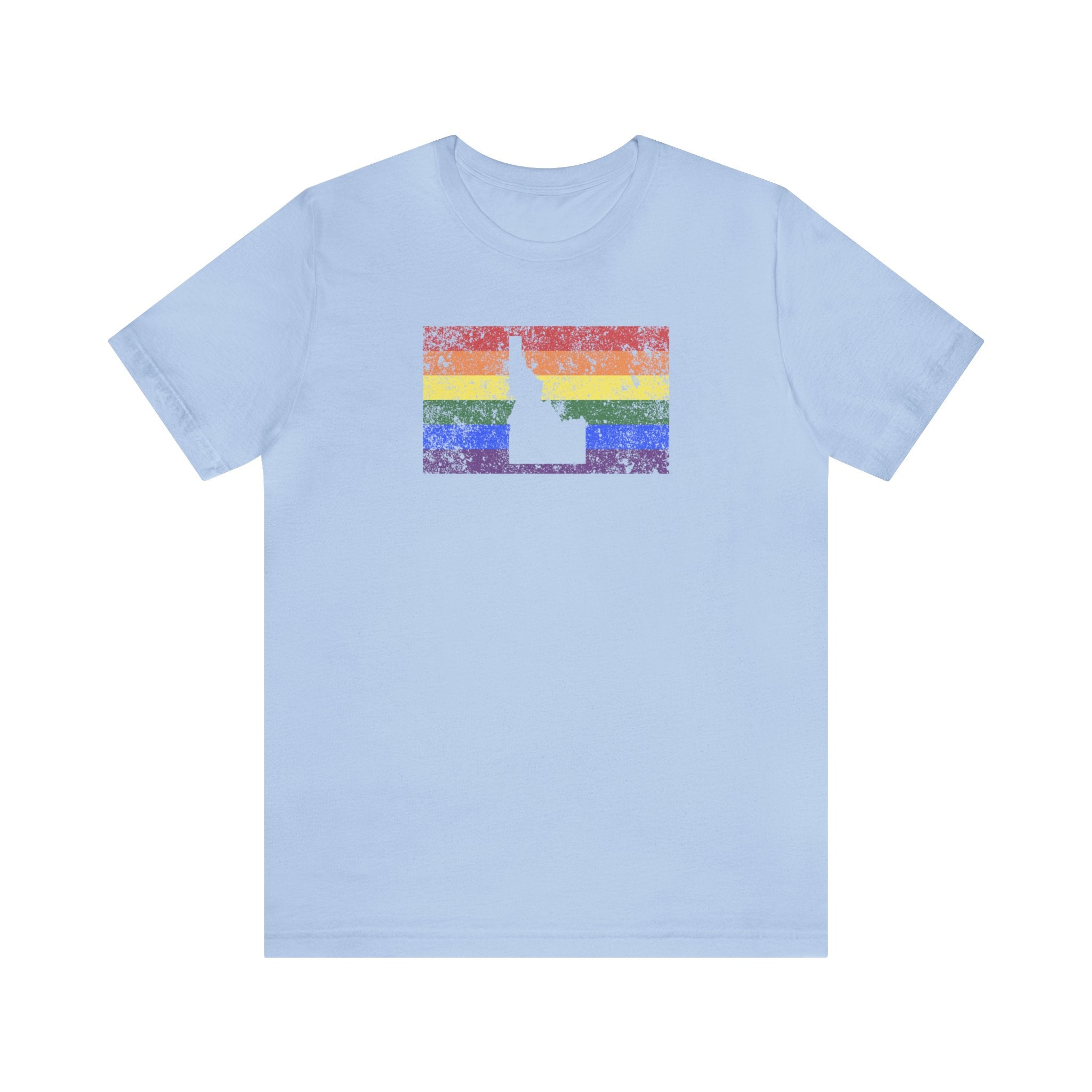 Idaho Pride Flag Tee: Rainbow LGBTQ+ State Silhouette Distressed Shirt