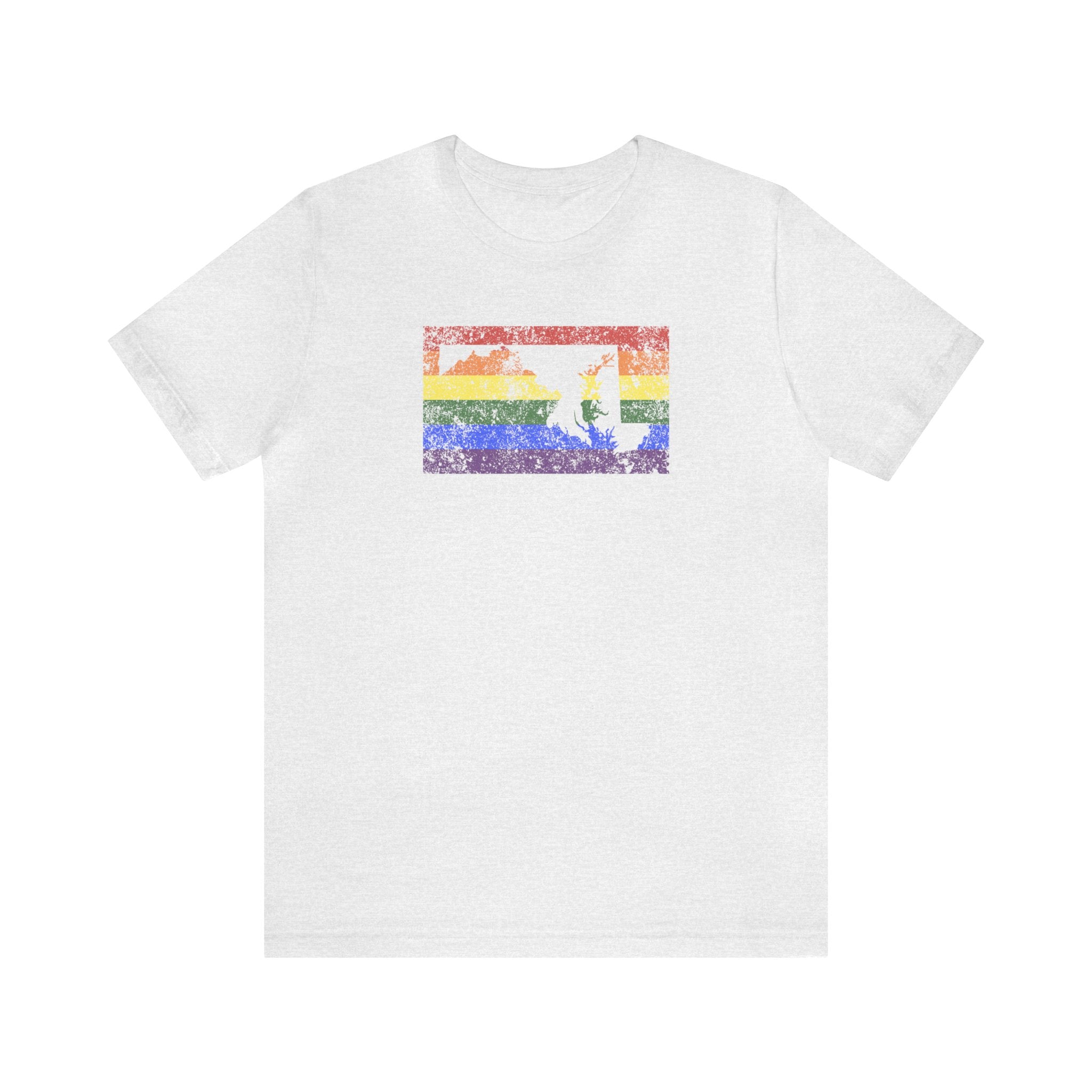 Maryland Pride Flag Tee: Rainbow LGBTQ+ State Silhouette Distressed Shirt
