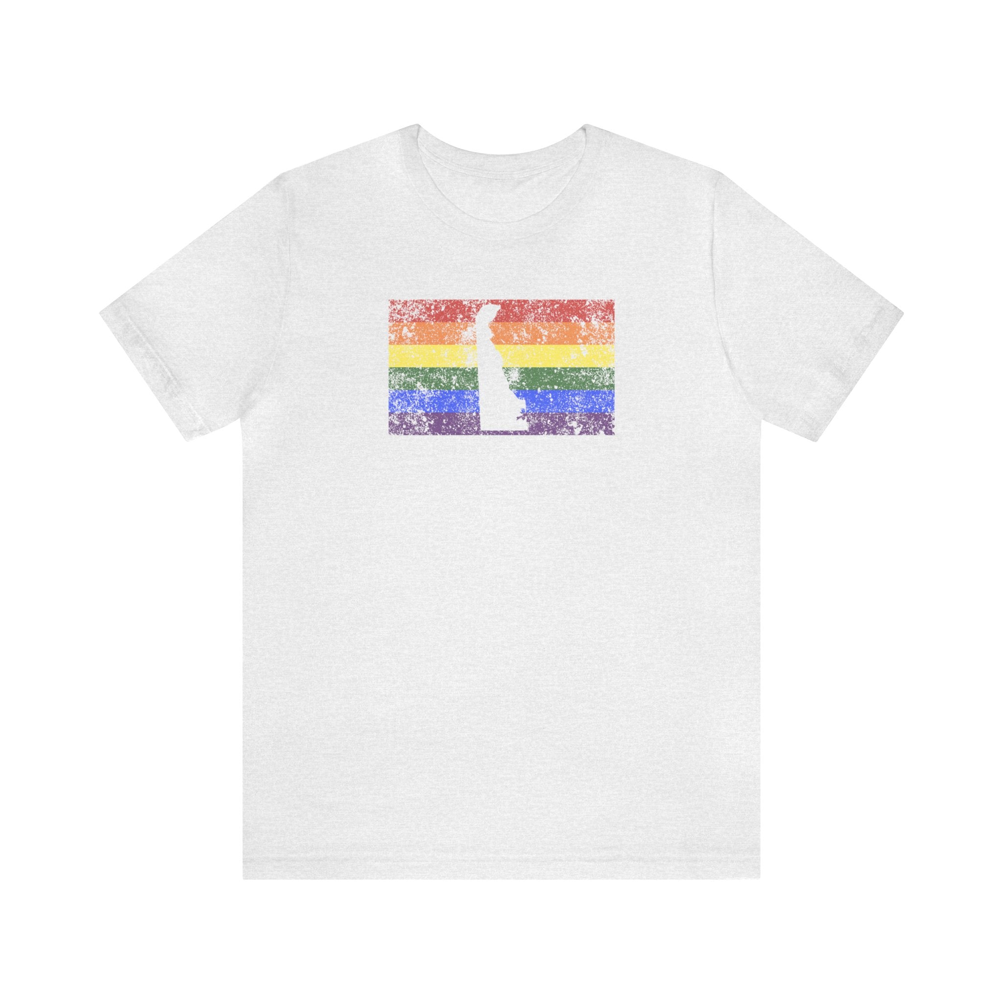 Delaware Pride Flag Tee: Rainbow LGBTQ+ State Silhouette Distressed Shirt