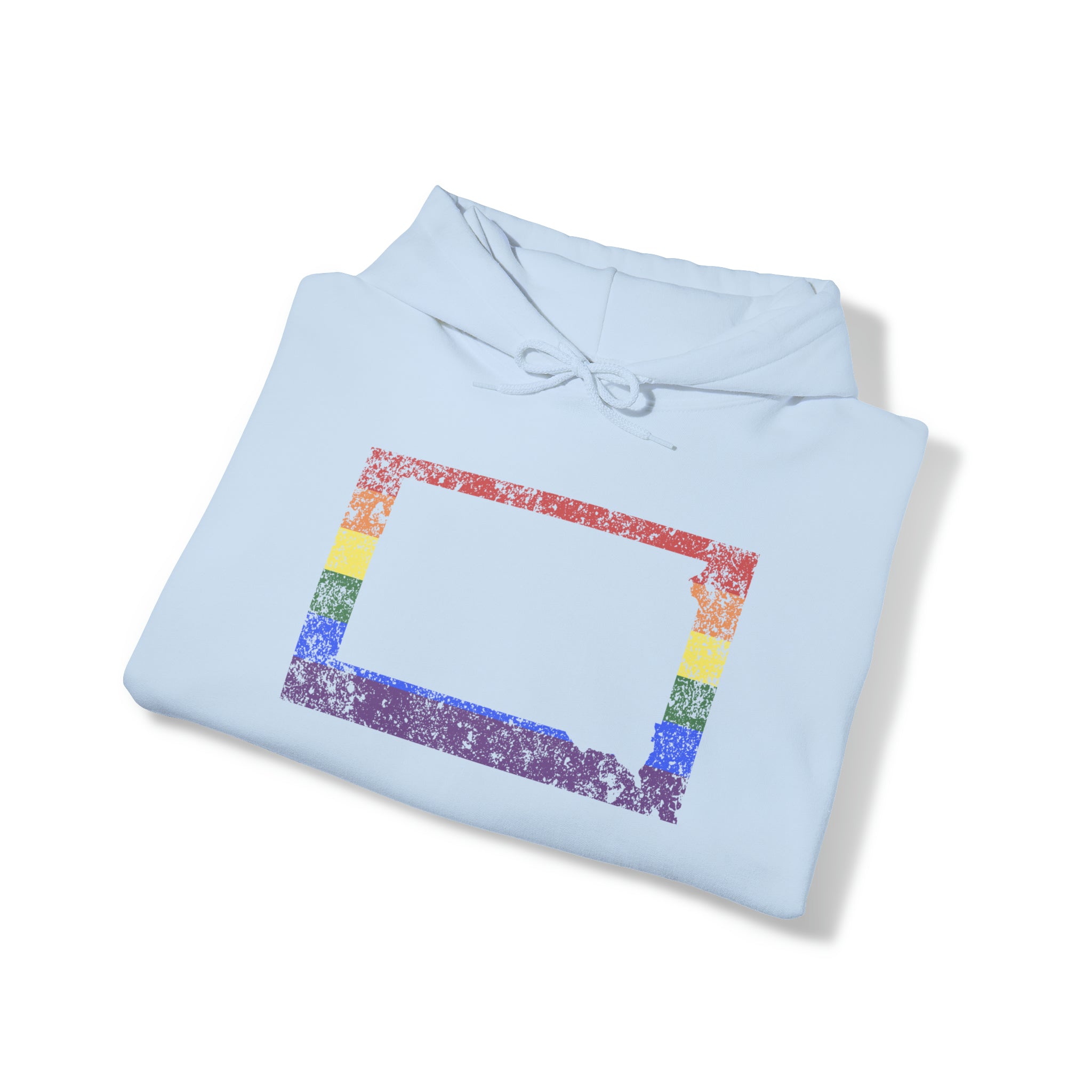 South Dakota Pride Flag Hoodie: Rainbow LGBTQ+ State Silhouette Distressed Hooded Sweatshirt