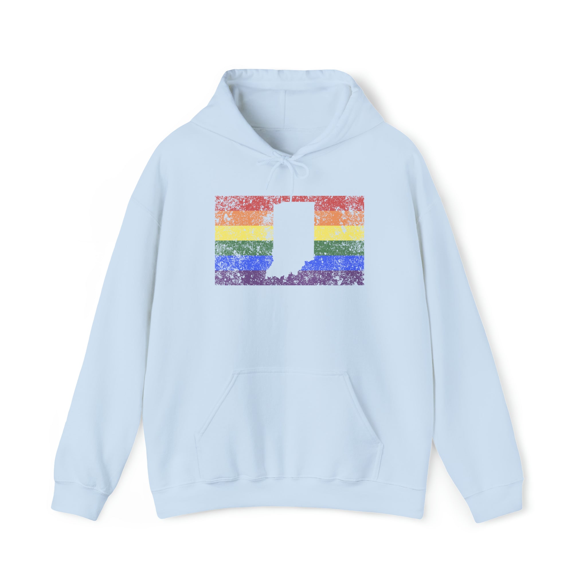 Indiana Pride Flag Hoodie: Rainbow LGBTQ+ State Silhouette Distressed Hooded Sweatshirt
