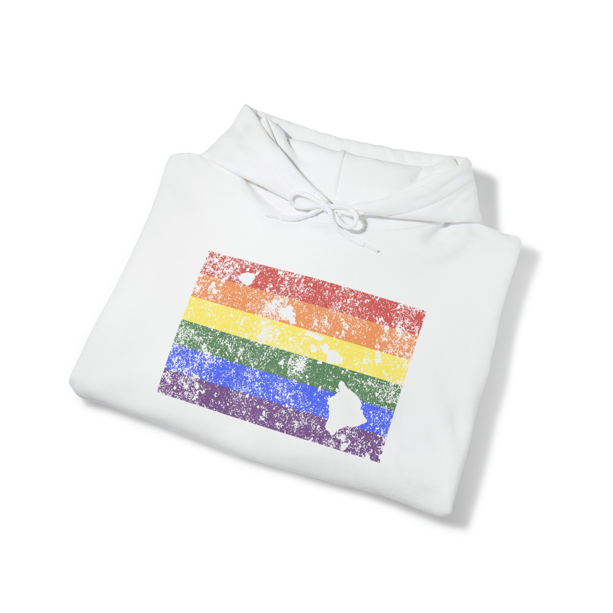 Hawaii Pride Flag Hoodie: Rainbow LGBTQ+ State Silhouette Distressed Hooded Sweatshirt