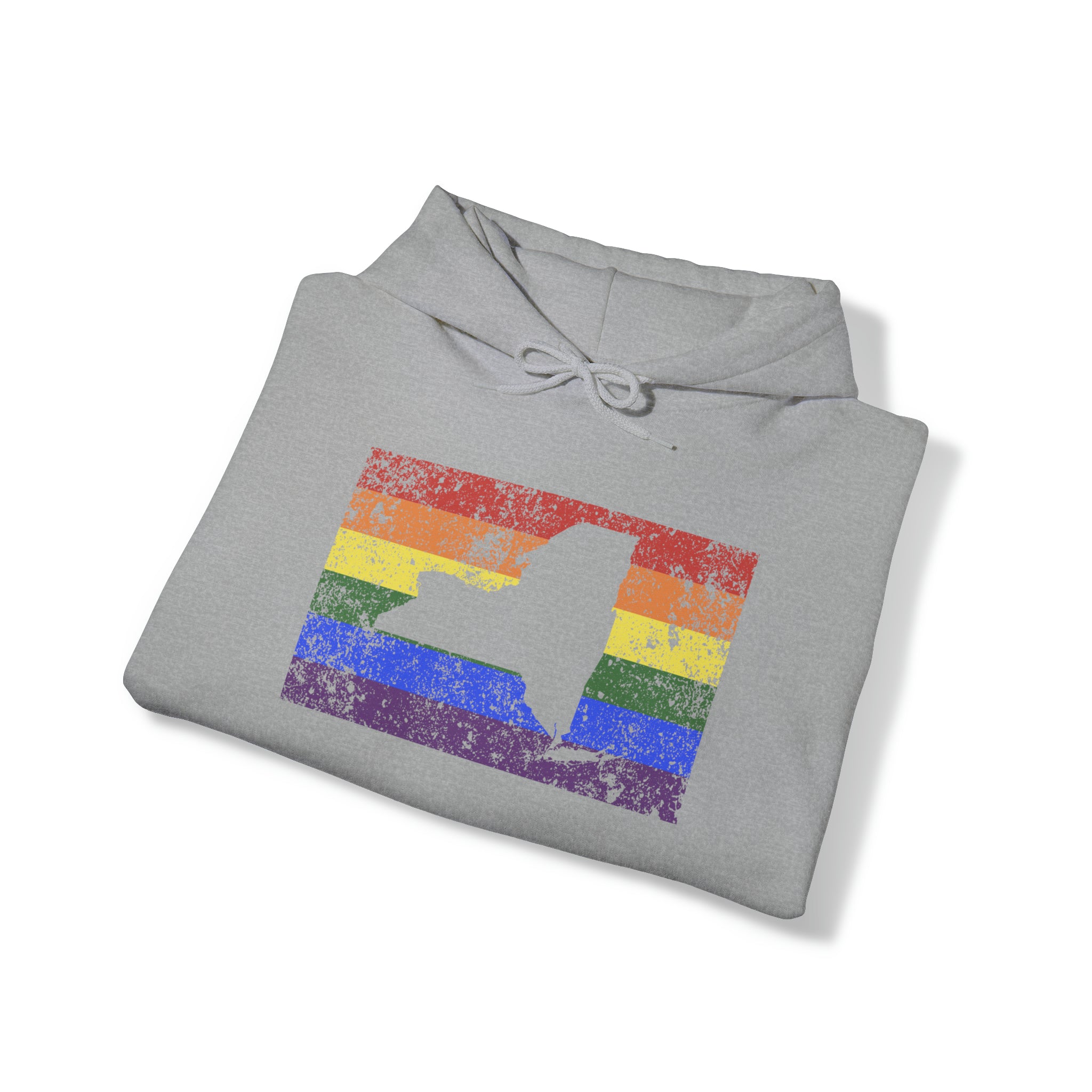 New York Pride Flag Hoodie: Rainbow LGBTQ+ State Silhouette Distressed Hooded Sweatshirt