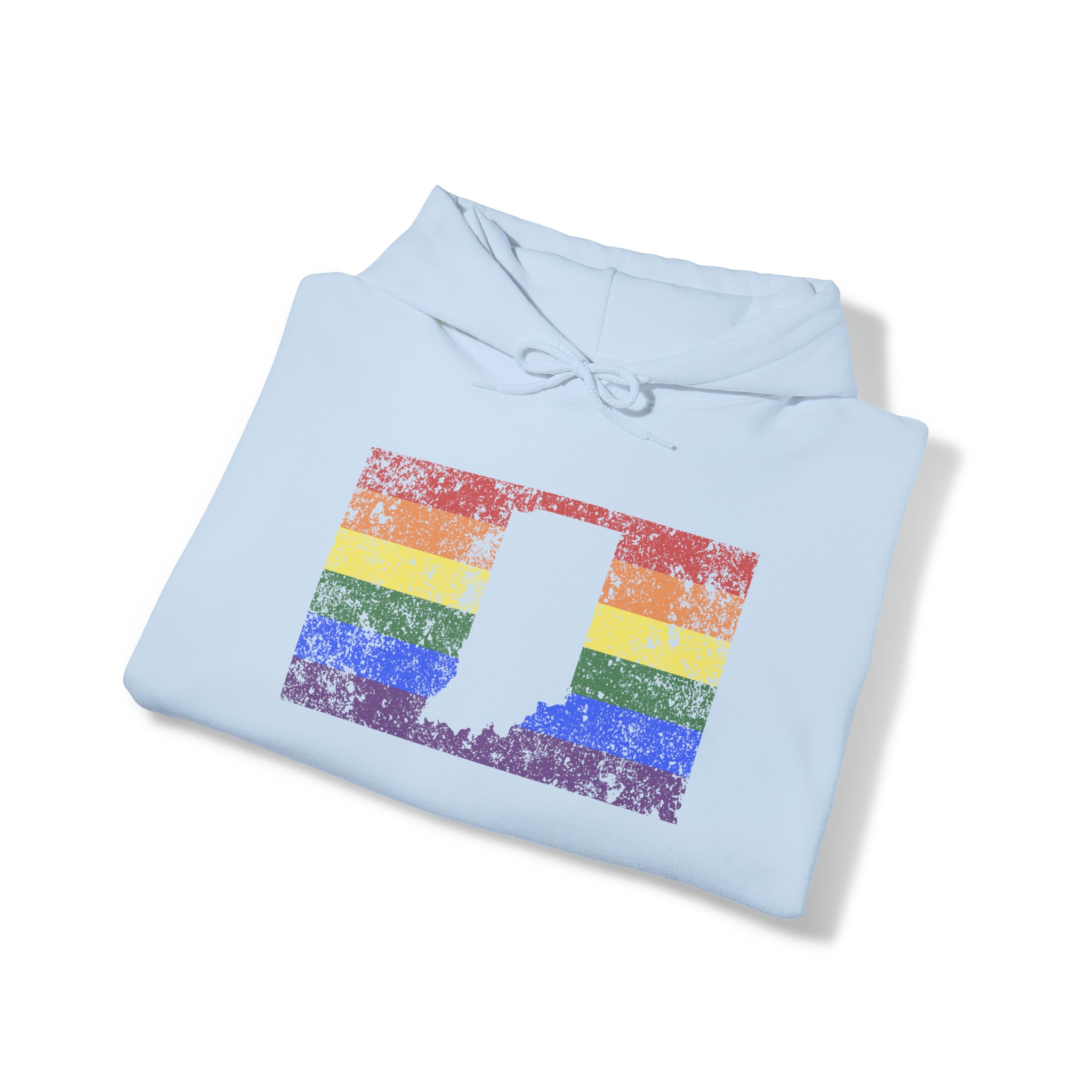 Indiana Pride Flag Hoodie: Rainbow LGBTQ+ State Silhouette Distressed Hooded Sweatshirt
